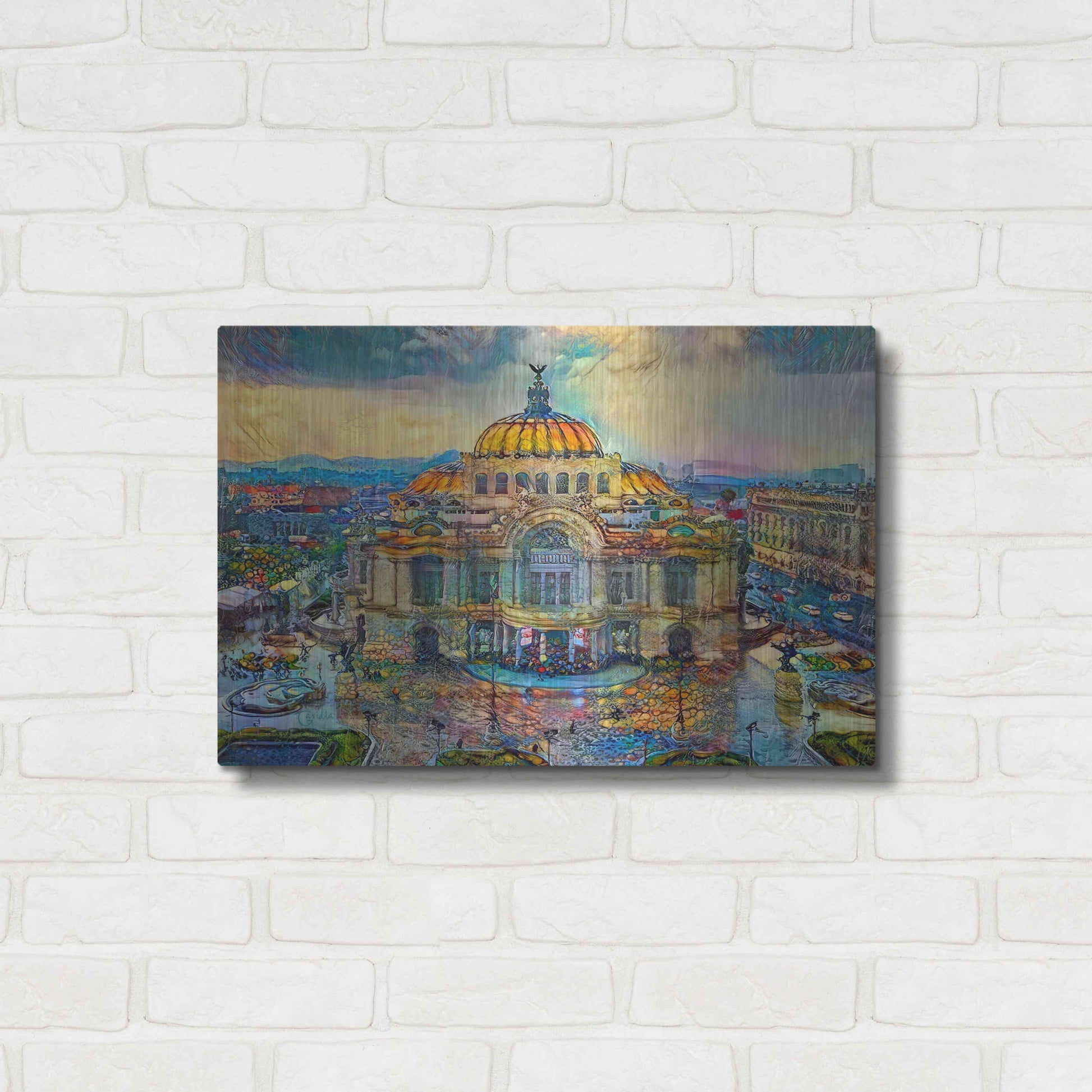 Luxe Metal Art 'Mexico City Palace of Fine Arts in the rain' by Pedro Gavidia, Metal Wall Art,24x16