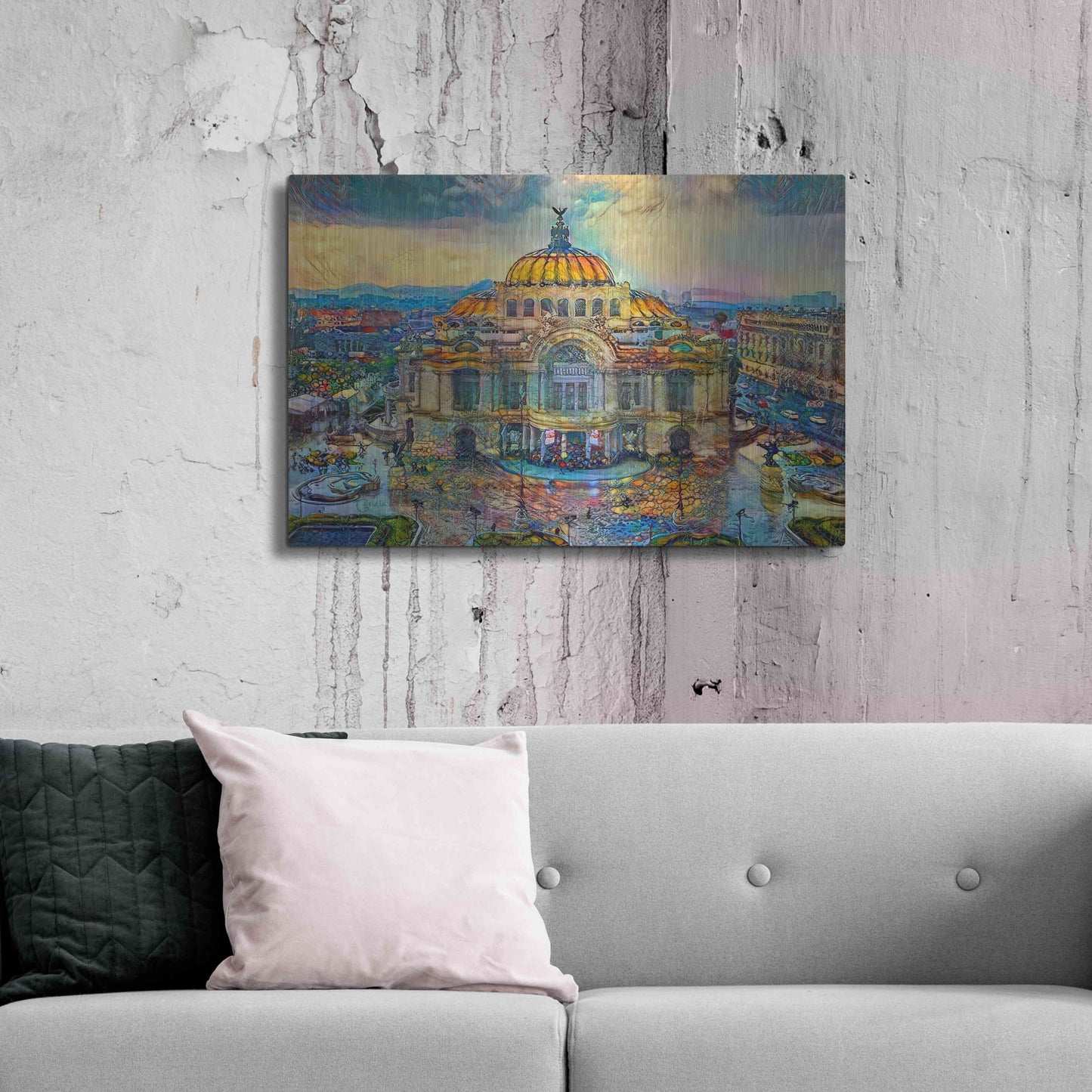 Luxe Metal Art 'Mexico City Palace of Fine Arts in the rain' by Pedro Gavidia, Metal Wall Art,36x24
