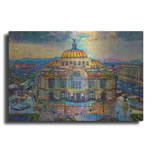 Luxe Metal Art 'Mexico City Palace of Fine Arts in the rain' by Pedro Gavidia, Metal Wall Art