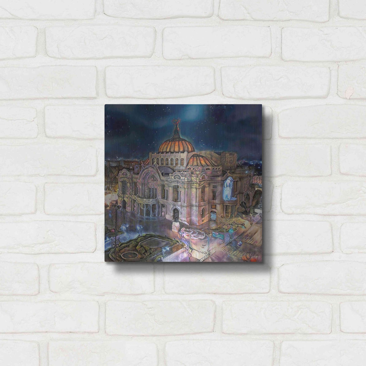 Luxe Metal Art 'Mexico City Palace of Fine Arts at night' by Pedro Gavidia, Metal Wall Art,12x12