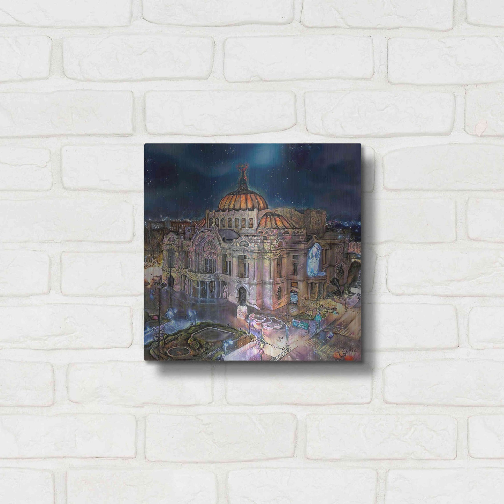 Luxe Metal Art 'Mexico City Palace of Fine Arts at night' by Pedro Gavidia, Metal Wall Art,12x12
