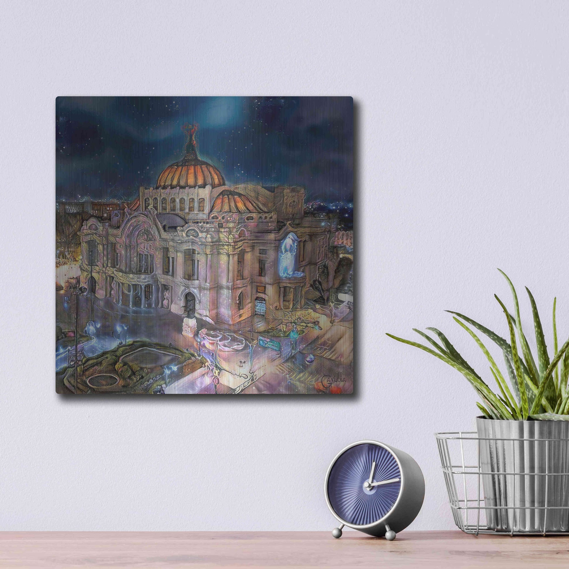 Luxe Metal Art 'Mexico City Palace of Fine Arts at night' by Pedro Gavidia, Metal Wall Art,12x12