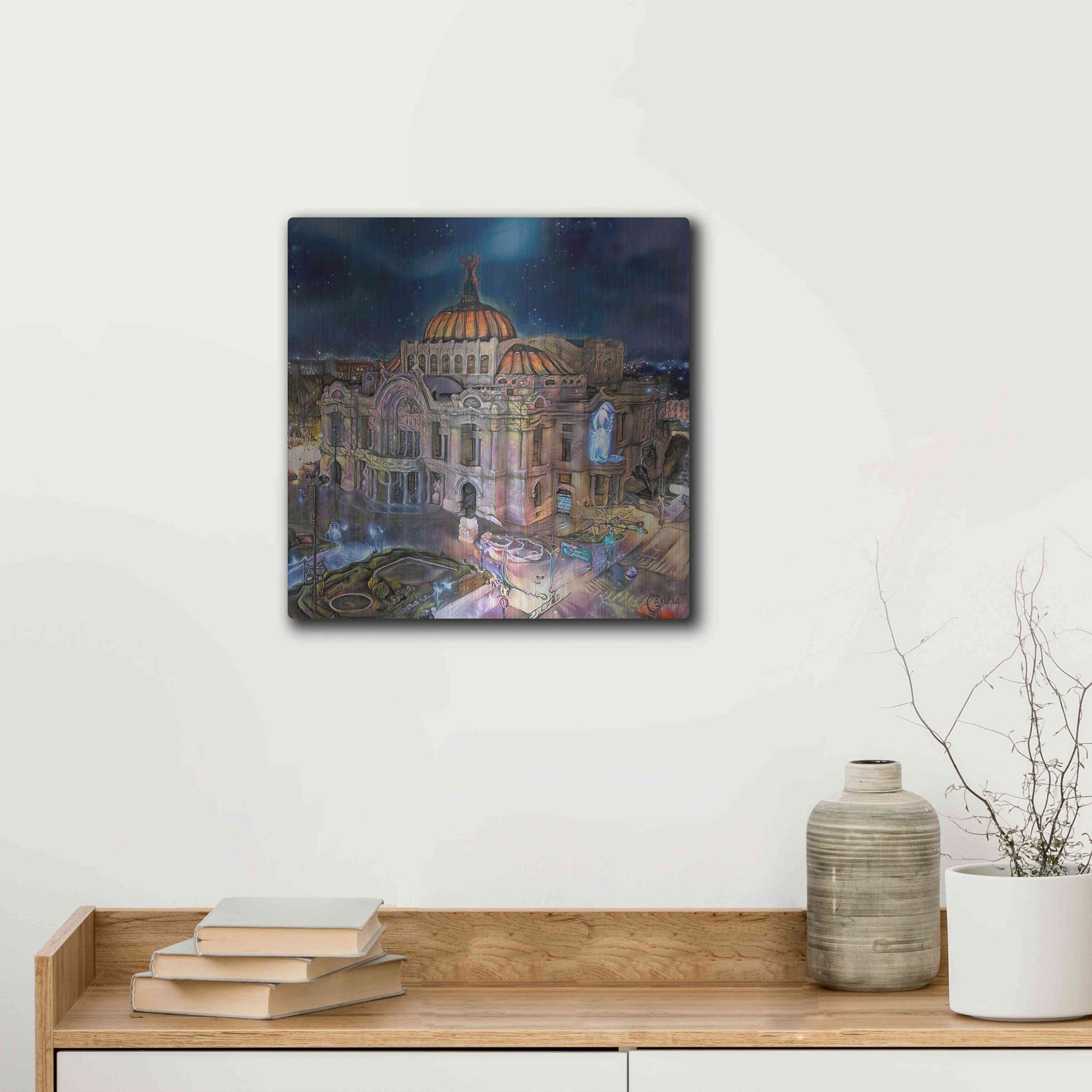 Luxe Metal Art 'Mexico City Palace of Fine Arts at night' by Pedro Gavidia, Metal Wall Art,12x12