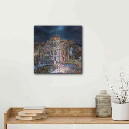 Luxe Metal Art 'Mexico City Palace of Fine Arts at night' by Pedro Gavidia, Metal Wall Art,12x12