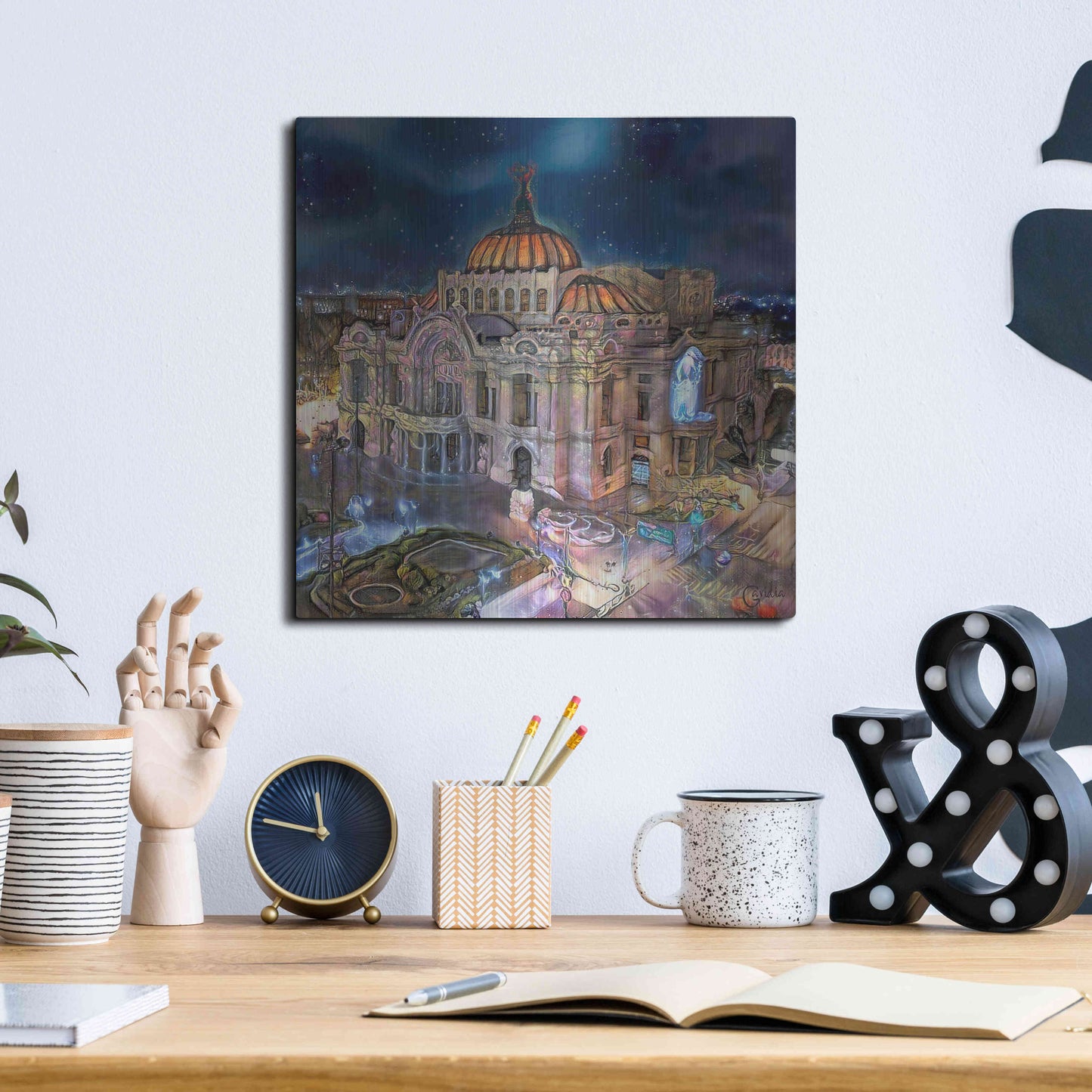 Luxe Metal Art 'Mexico City Palace of Fine Arts at night' by Pedro Gavidia, Metal Wall Art,12x12