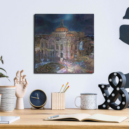 Luxe Metal Art 'Mexico City Palace of Fine Arts at night' by Pedro Gavidia, Metal Wall Art,12x12