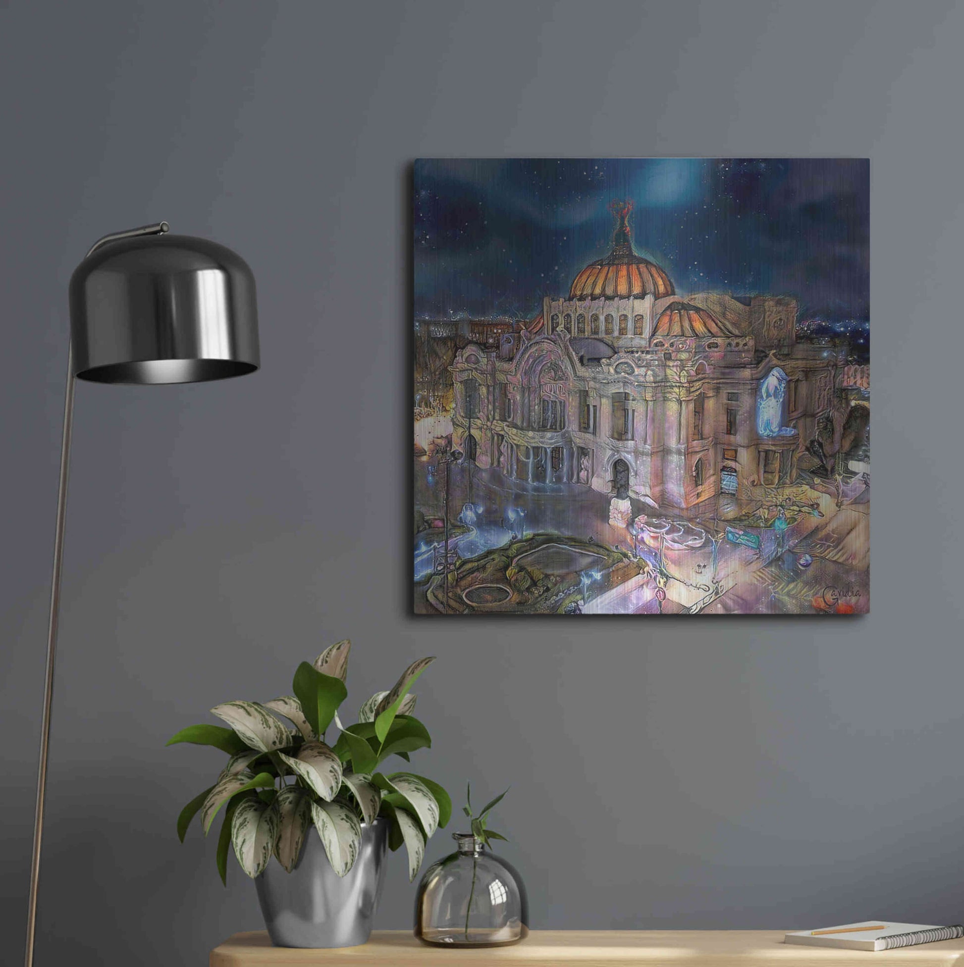 Luxe Metal Art 'Mexico City Palace of Fine Arts at night' by Pedro Gavidia, Metal Wall Art,24x24