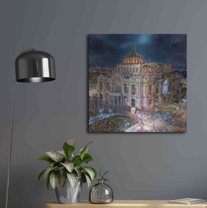 Luxe Metal Art 'Mexico City Palace of Fine Arts at night' by Pedro Gavidia, Metal Wall Art,24x24