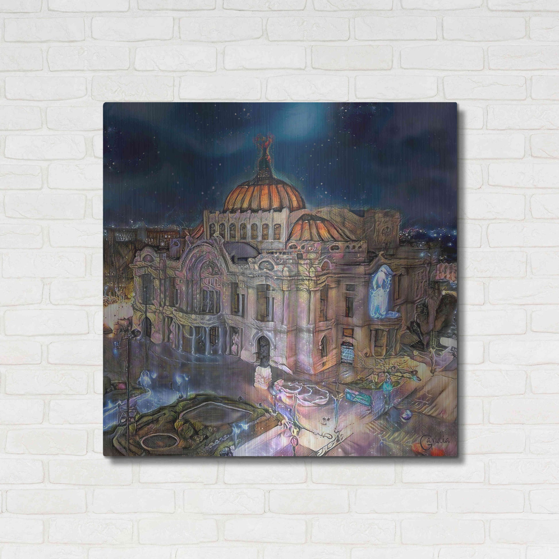 Luxe Metal Art 'Mexico City Palace of Fine Arts at night' by Pedro Gavidia, Metal Wall Art,36x36