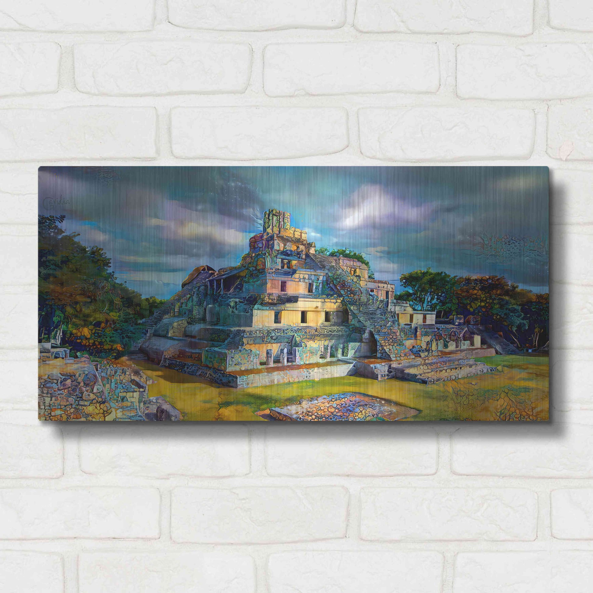 Luxe Metal Art 'Campeche Mexico Edzna Pyramid' by Pedro Gavidia, Metal Wall Art,24x12