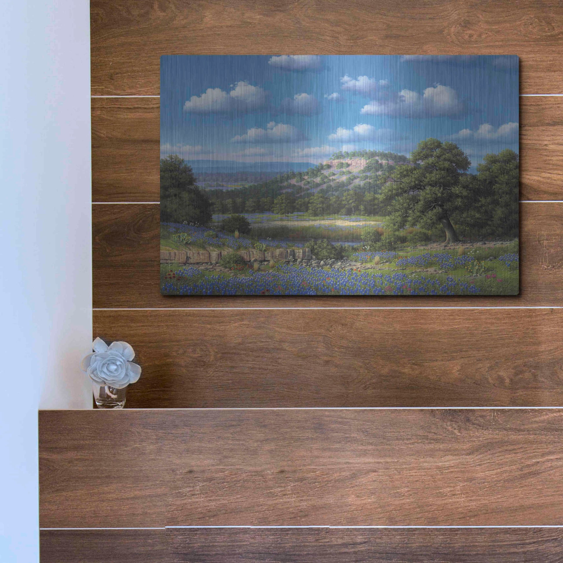 Luxe Metal Art 'Blue Bonnet Hill' by R. Hed, Metal Wall Art,16x12