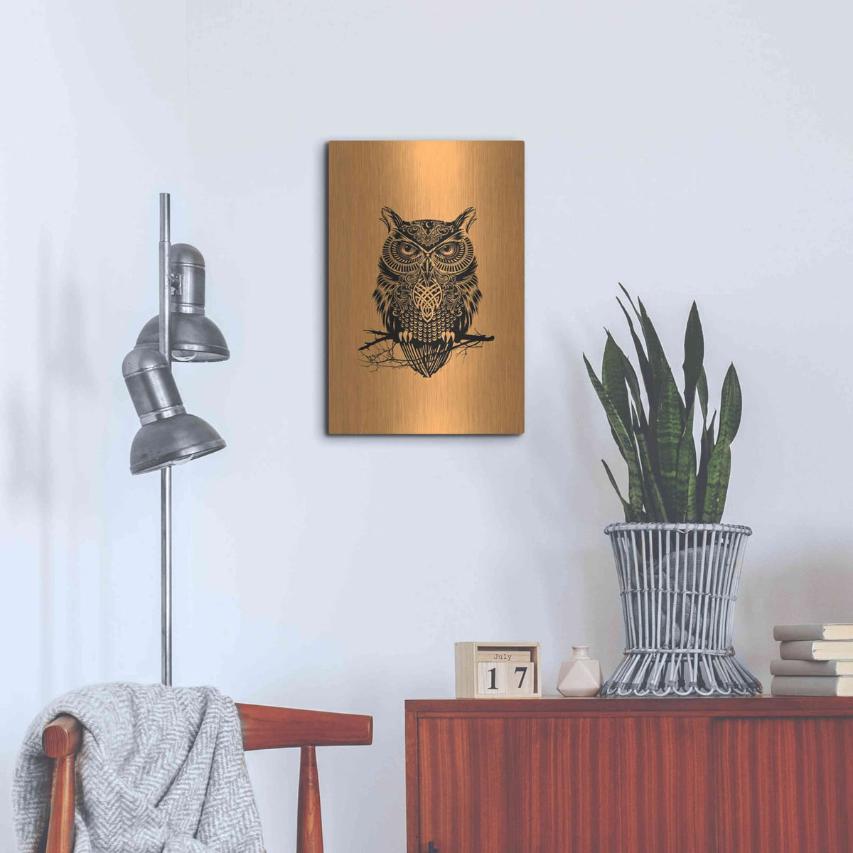 'Warrior Owl On Orange' by Rachel Caldwell – Metal Wall Art, 16x24 room view