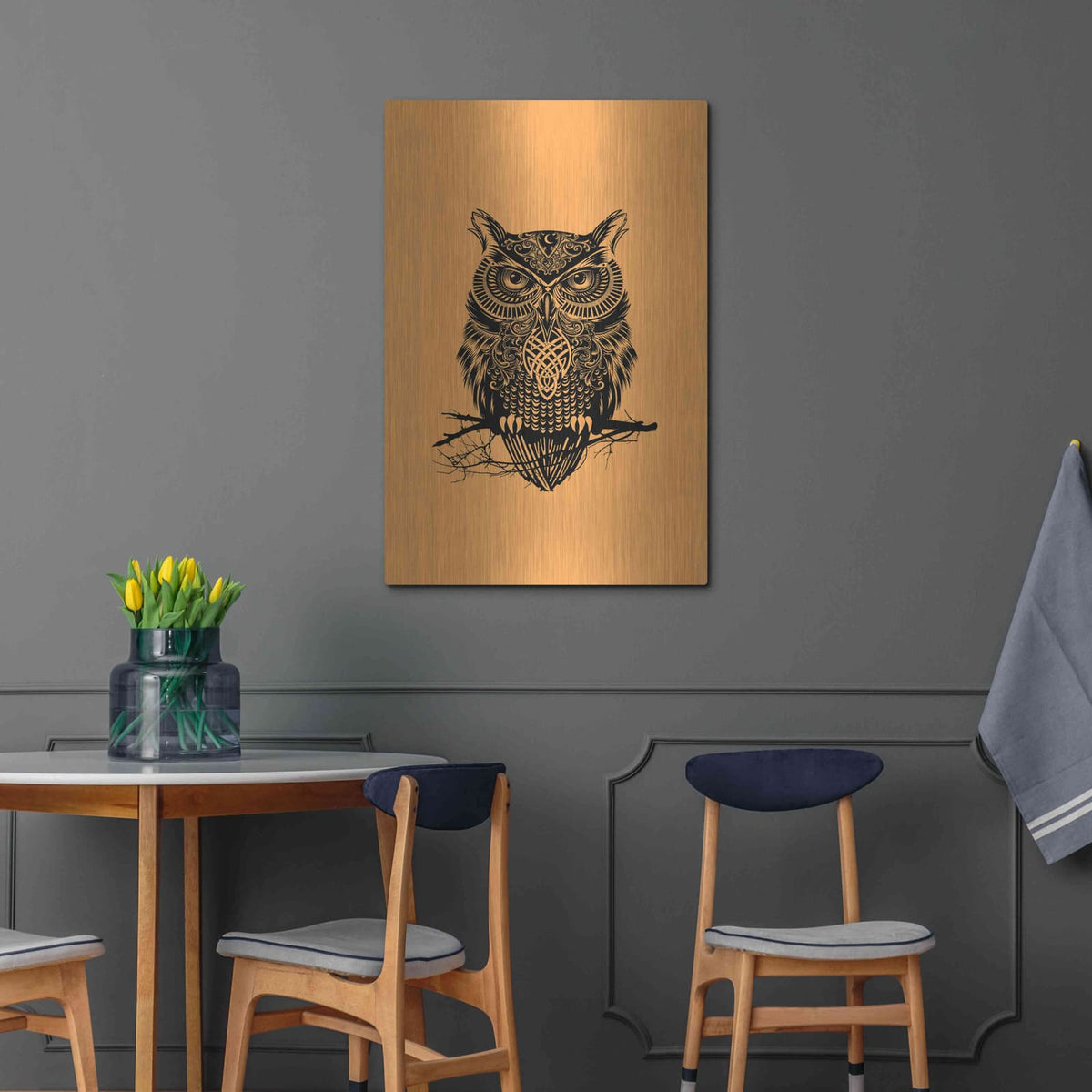 'Warrior Owl On Orange' by Rachel Caldwell – Metal Wall Art, 24x36 room view