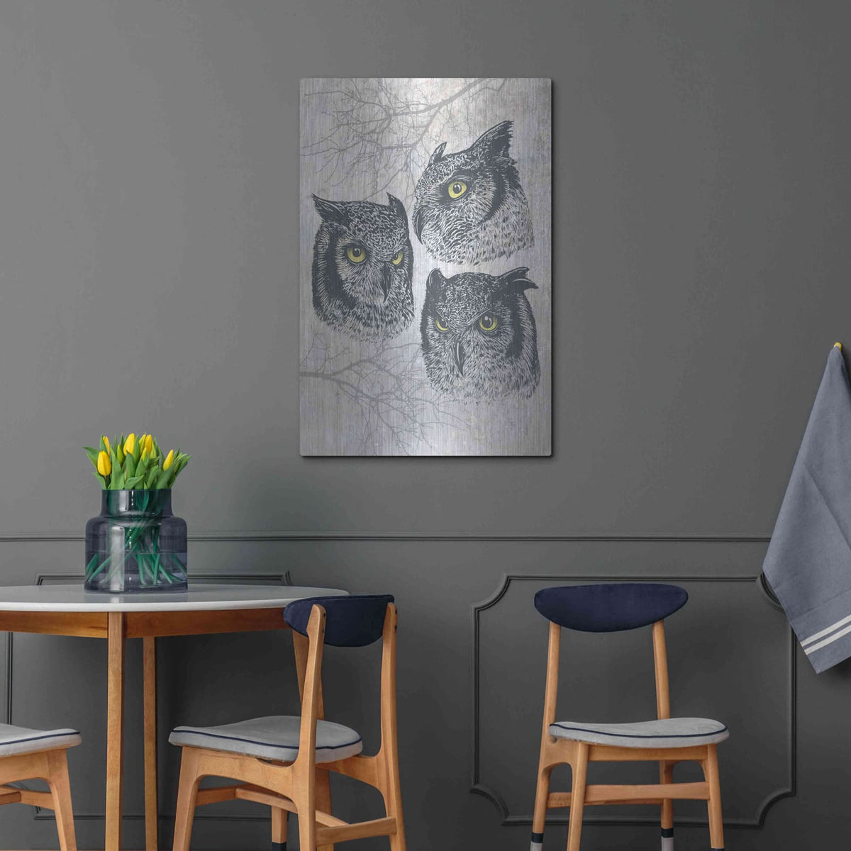 'Three Owls' by Rachel Caldwell – Metal Wall Art, 24x36 room view