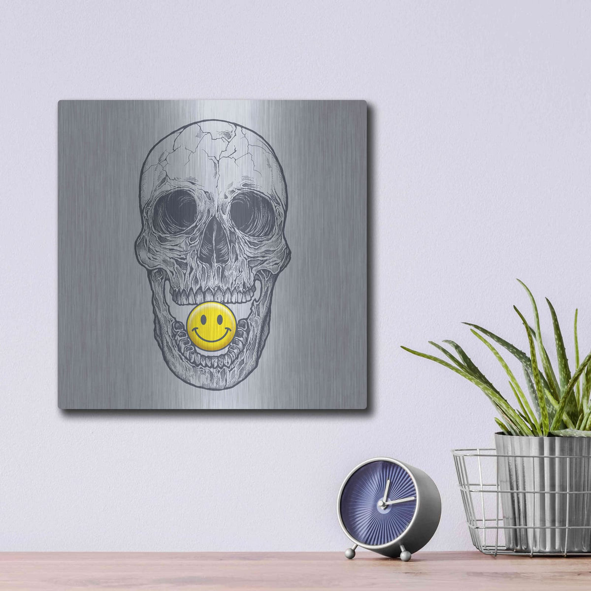 'Skull Have A Nice Day' by Rachel Caldwell – Metal Wall Art, 12x12 room view