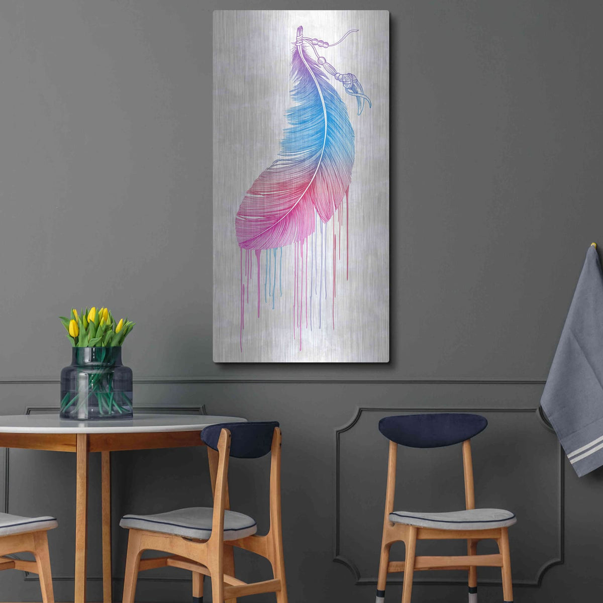 'Rainbow Feather' by Rachel Caldwell – Metal Wall Art, 24x48 room view