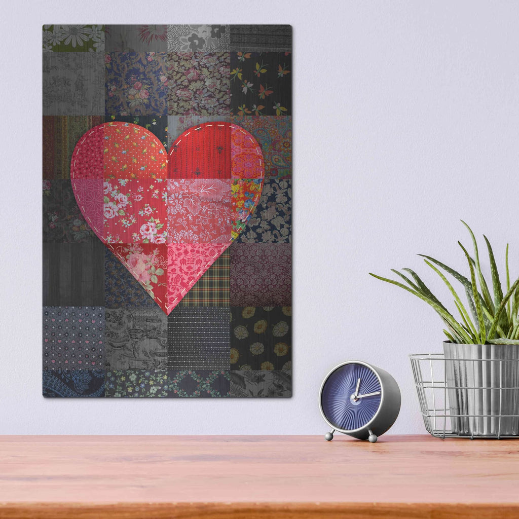 'Patch Heart Pink Gray' by Rachel Caldwell – Metal Wall Art, 12x16 room view
