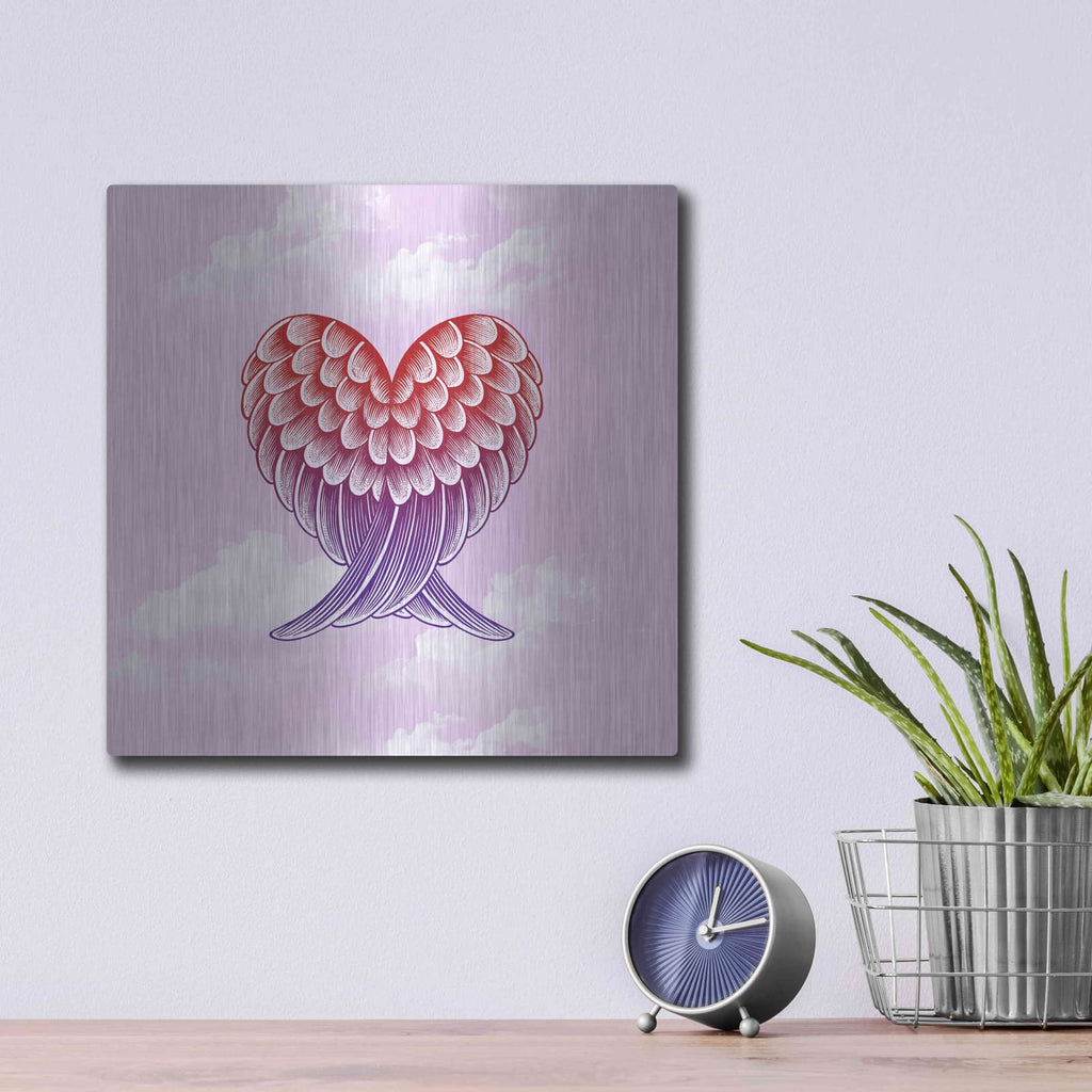 'Heart Wings Pink Sky' by Rachel Caldwell – Metal Wall Art, 12x12 room view