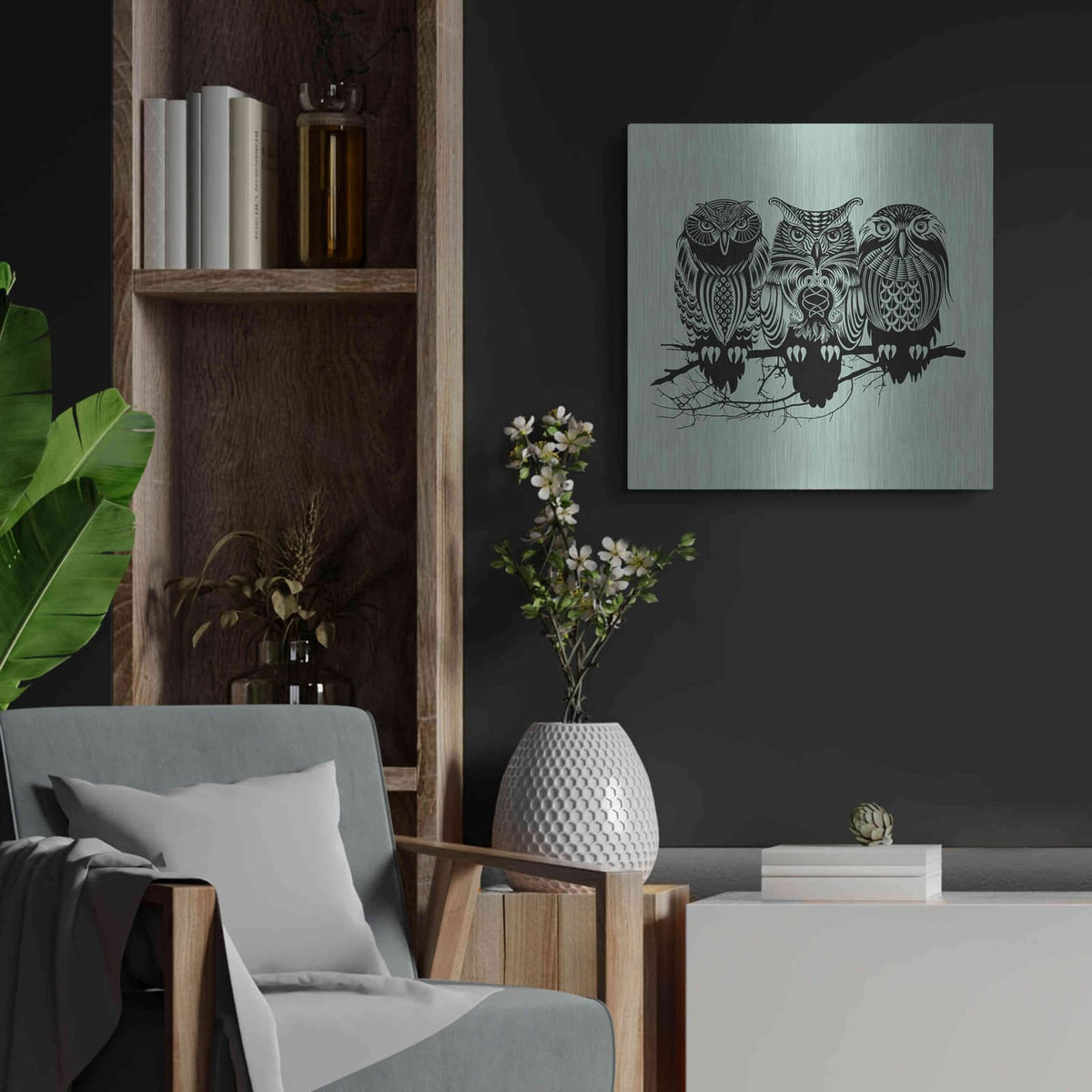 'Owls Of The Nile' by Rachel Caldwell – Metal Wall Art, 24x24 room view