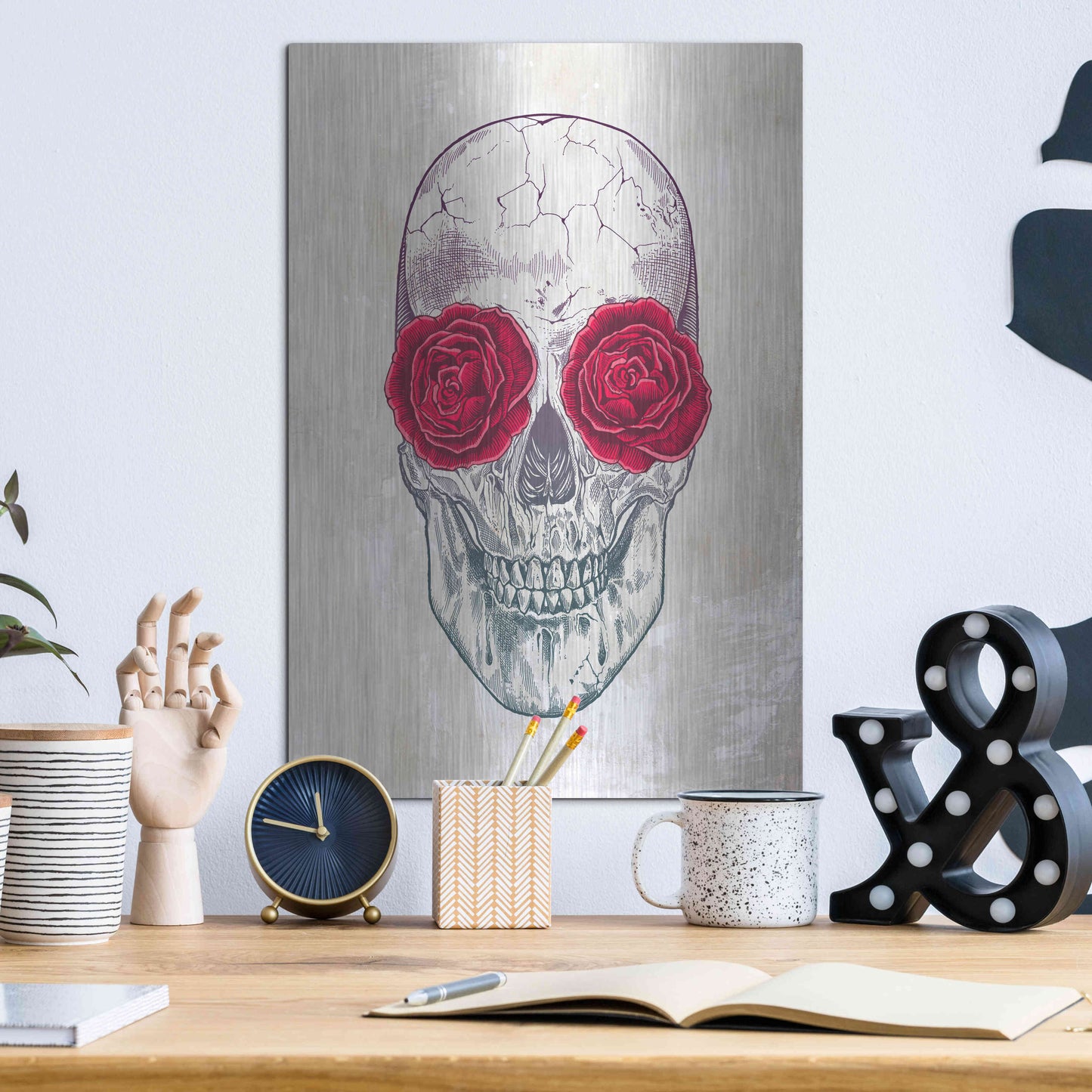 Luxe Metal Art 'Skull Roses' by Luxe Portfolio, Metal Wall Art,12x16