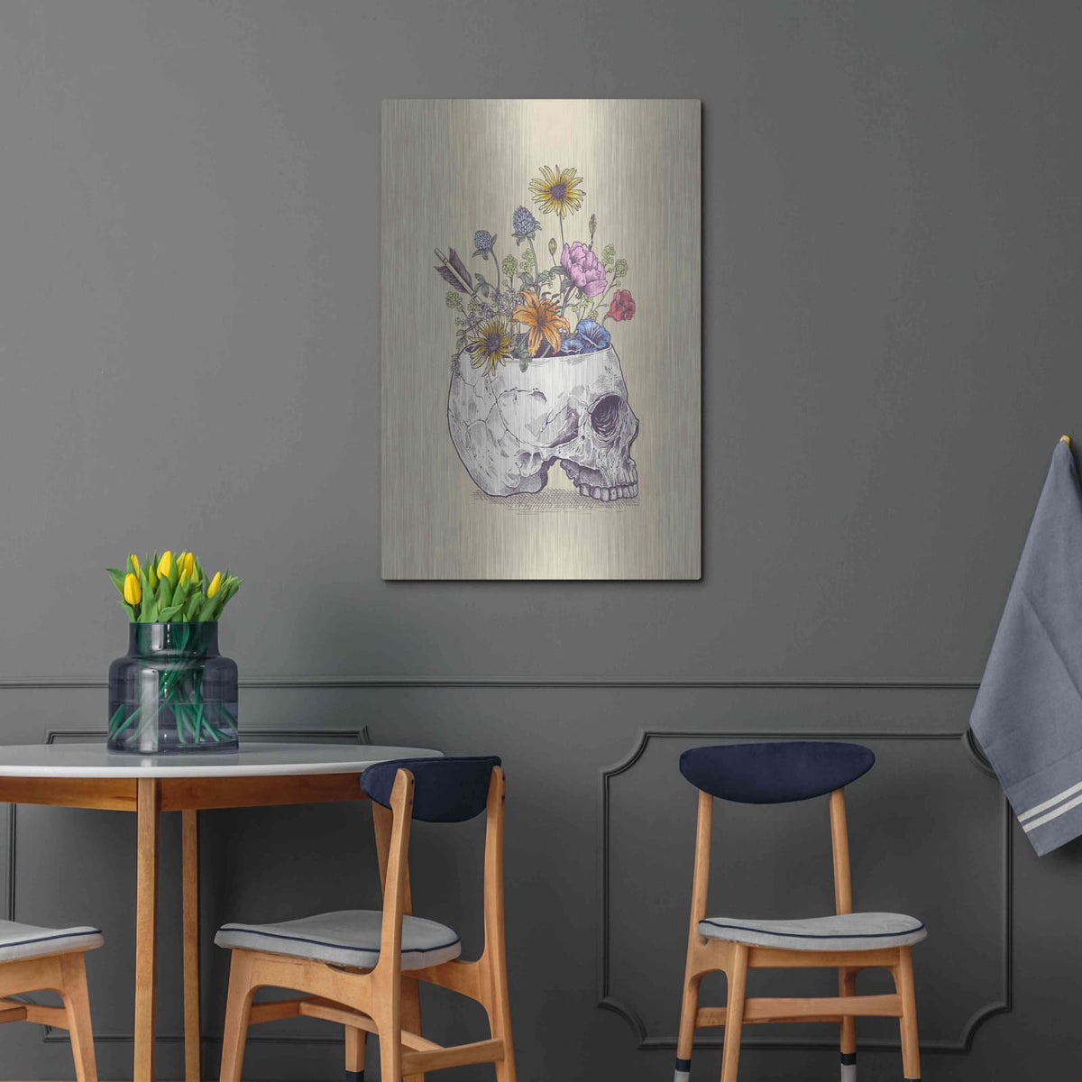 'Half Skull Flowers' by Rachel Caldwell – Metal Wall Art, 24x36 room view