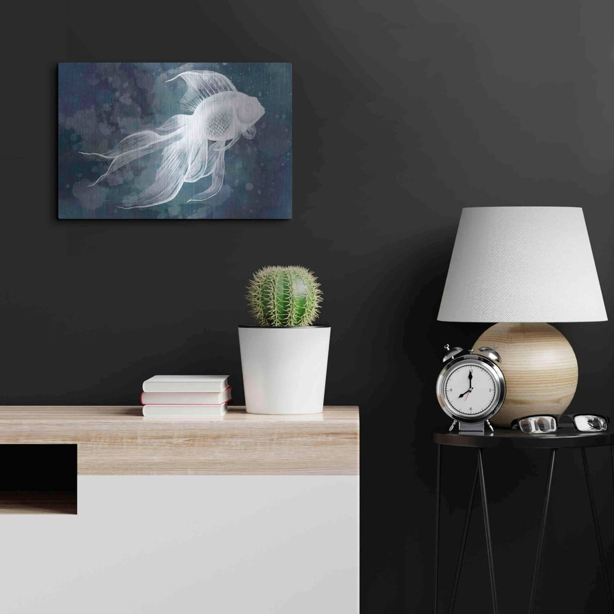 'Indigo Fish II' by Grace Popp – Metal Wall Art, 24x16 room view