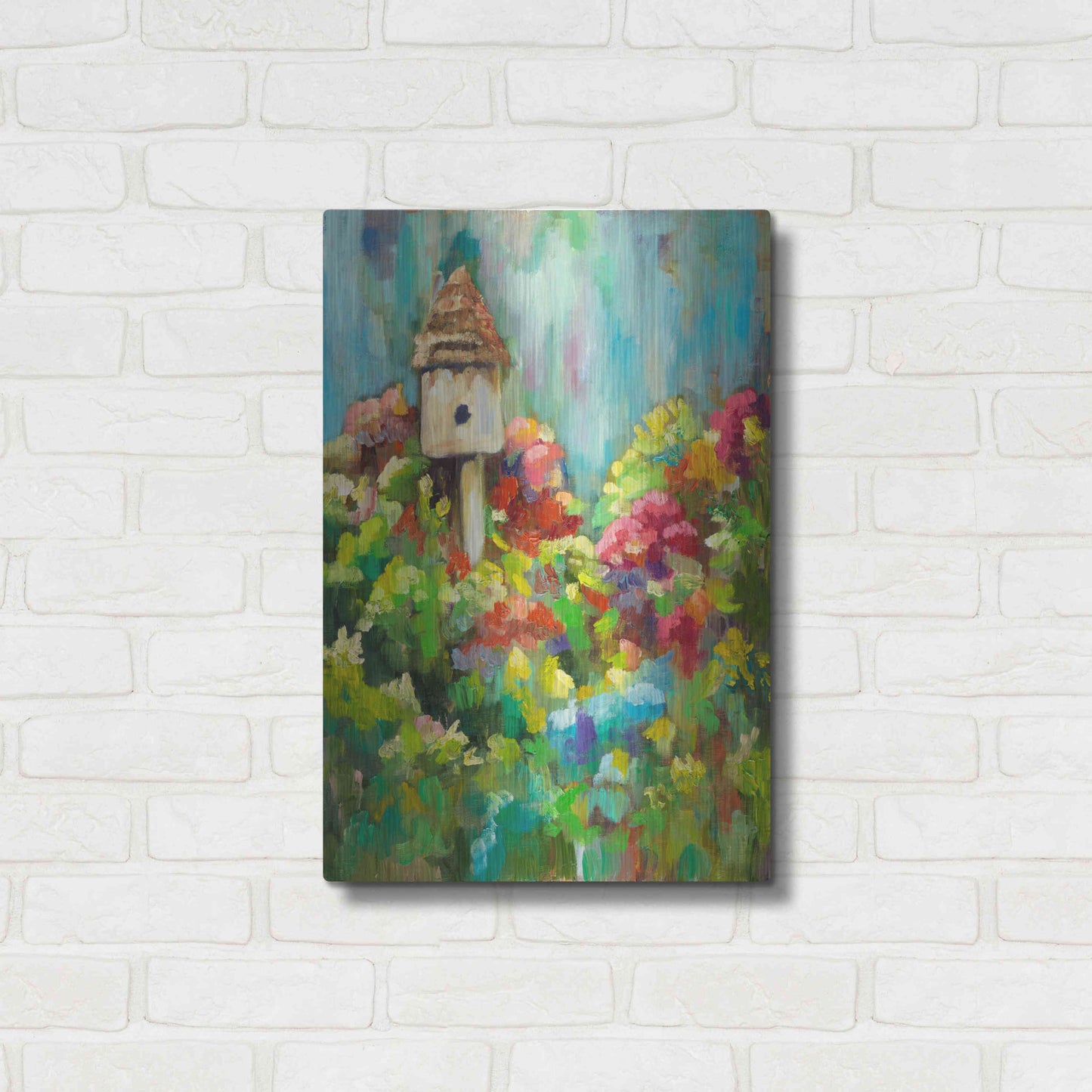 Luxe Metal Art 'Spring Birdhouse' by Sarah Davis, Metal Wall Art,16x24