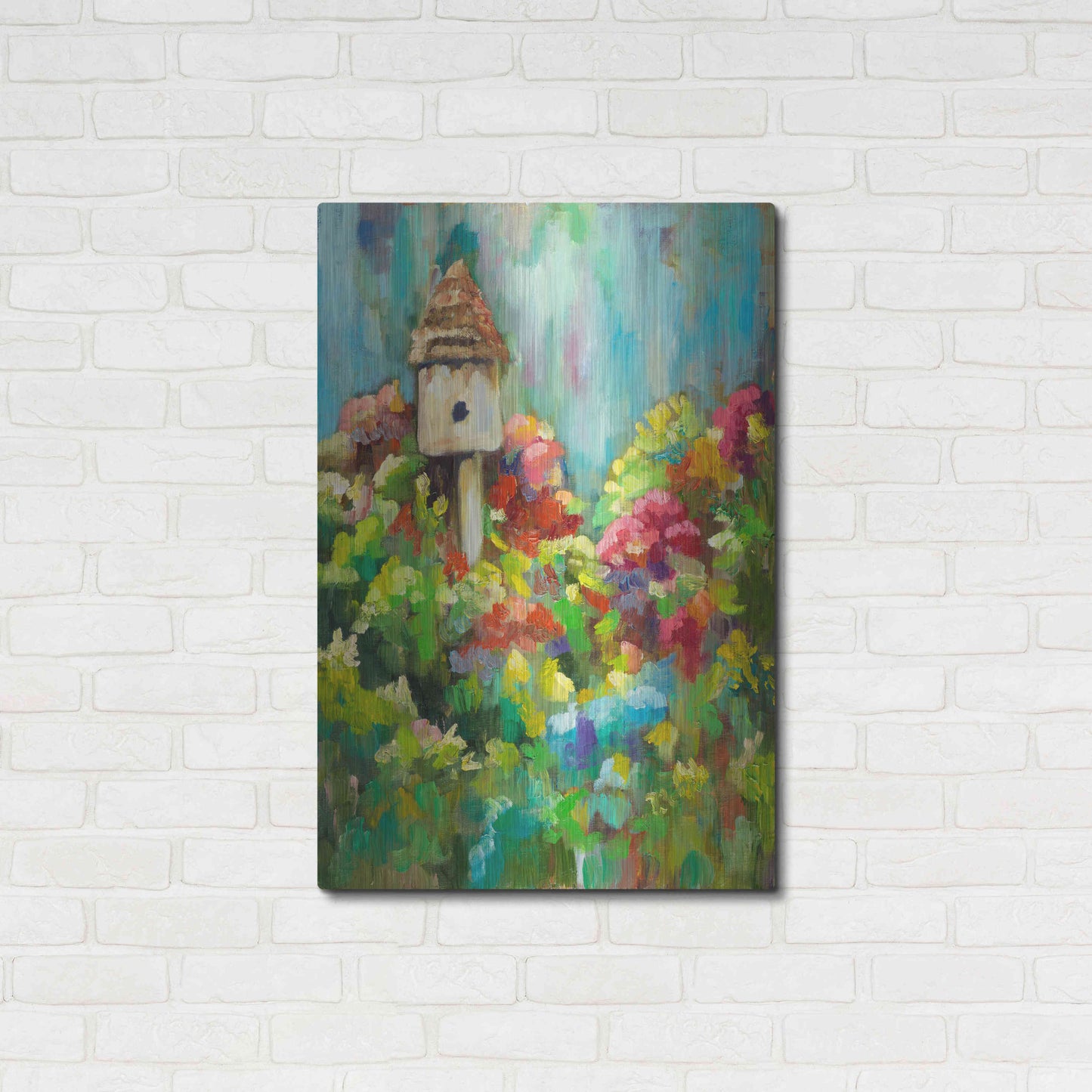 Luxe Metal Art 'Spring Birdhouse' by Sarah Davis, Metal Wall Art,24x36