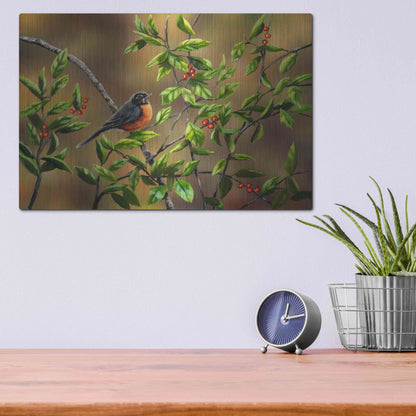 Luxe Metal Art 'Robin with Holly' by Sarah Davis, Metal Wall Art,16x12