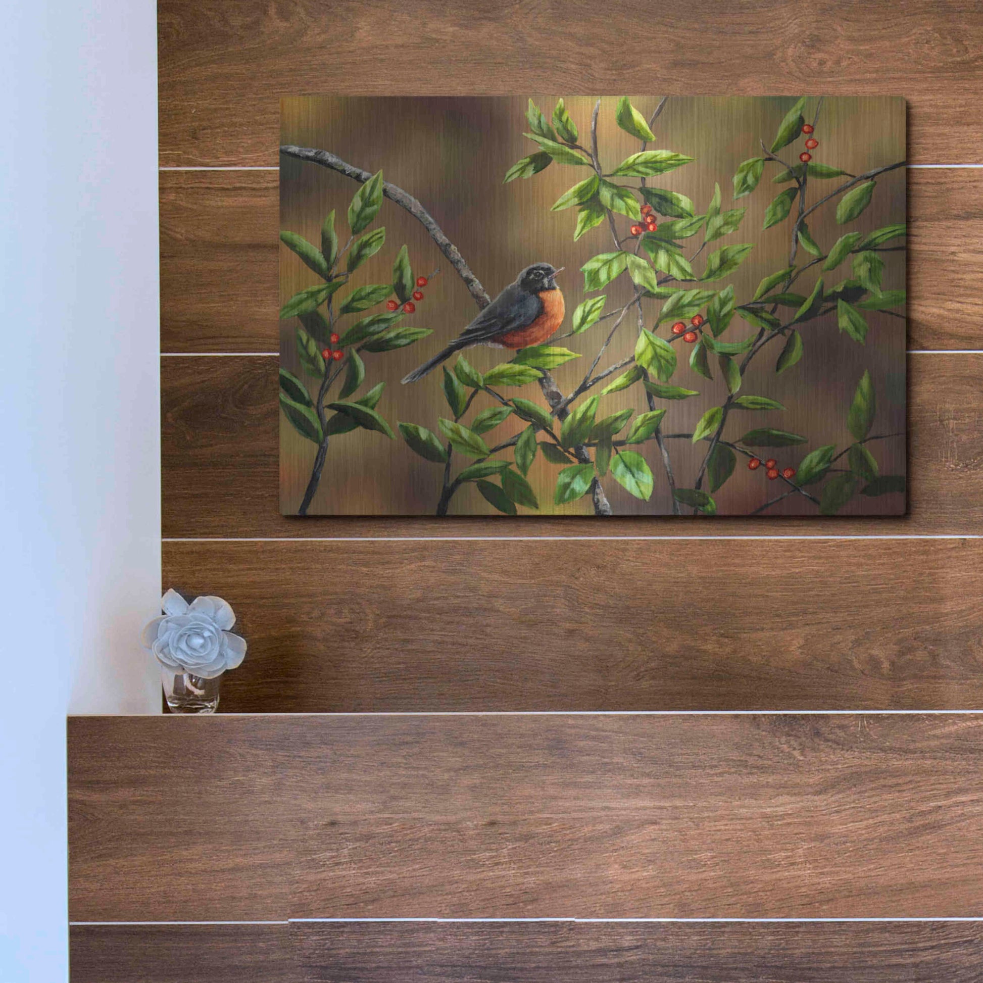 Luxe Metal Art 'Robin with Holly' by Sarah Davis, Metal Wall Art,16x12