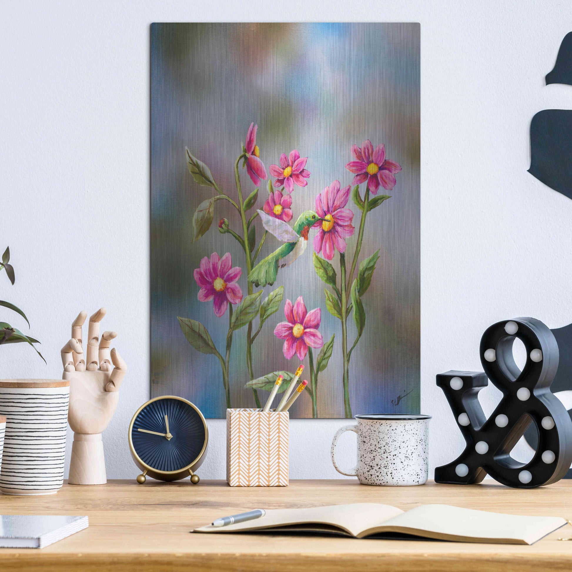 Luxe Metal Art 'Hummingbird with Dhalia' by Sarah Davis, Metal Wall Art,12x16