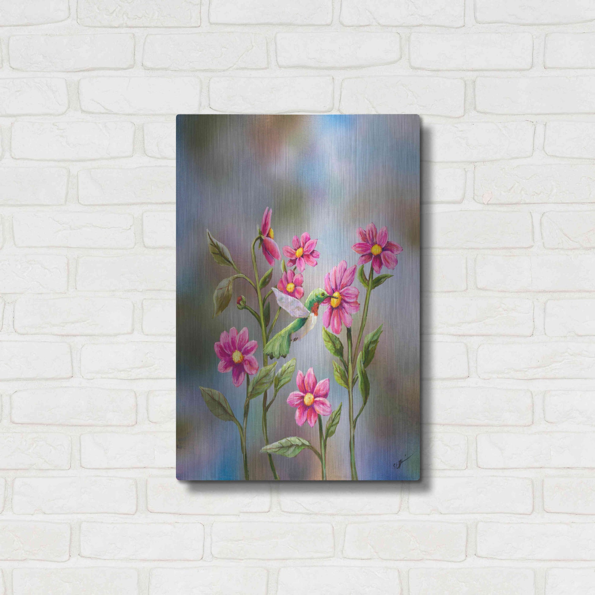 Luxe Metal Art 'Hummingbird with Dhalia' by Sarah Davis, Metal Wall Art,16x24