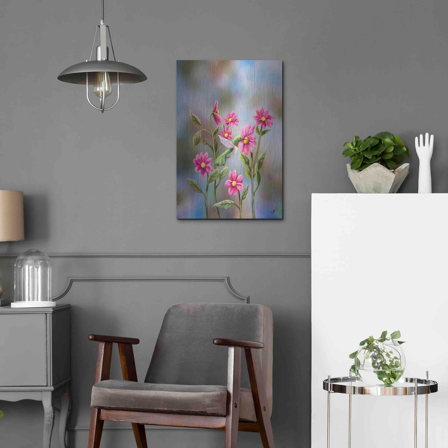 Luxe Metal Art 'Hummingbird with Dhalia' by Sarah Davis, Metal Wall Art,16x24