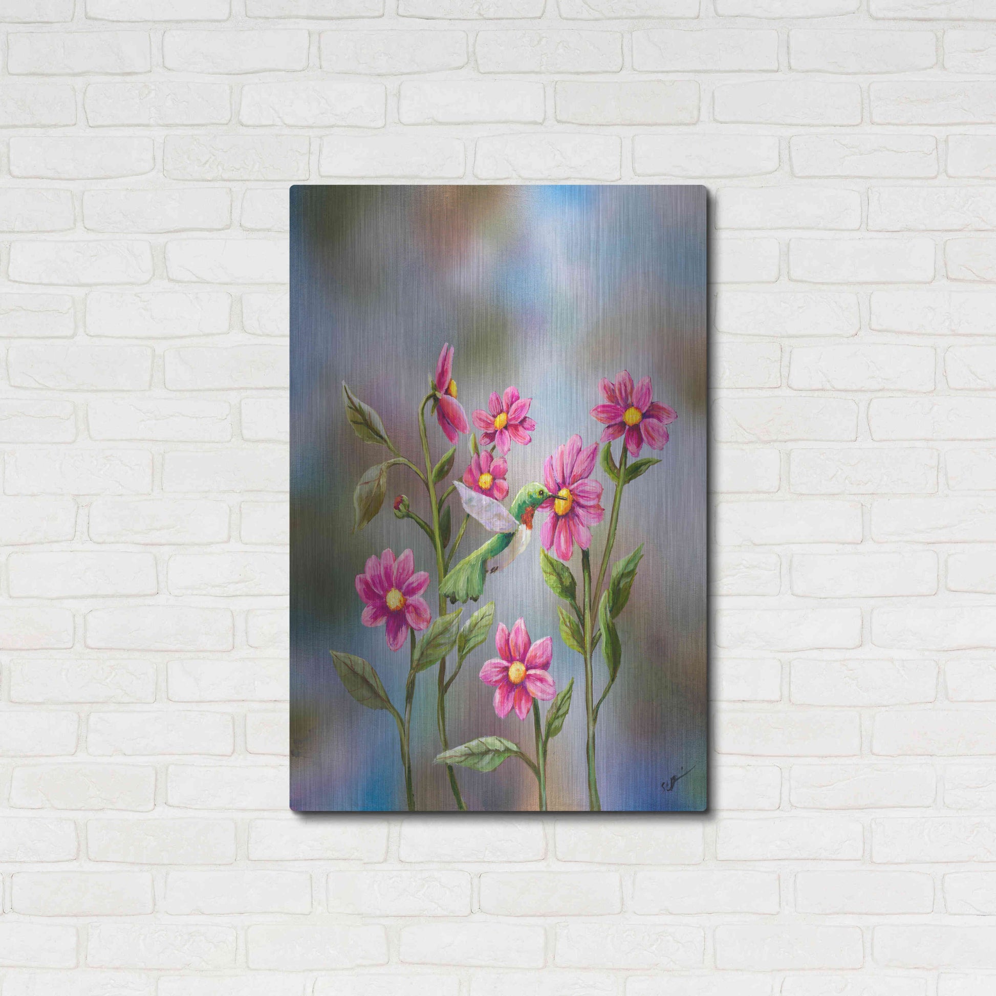 Luxe Metal Art 'Hummingbird with Dhalia' by Sarah Davis, Metal Wall Art,24x36