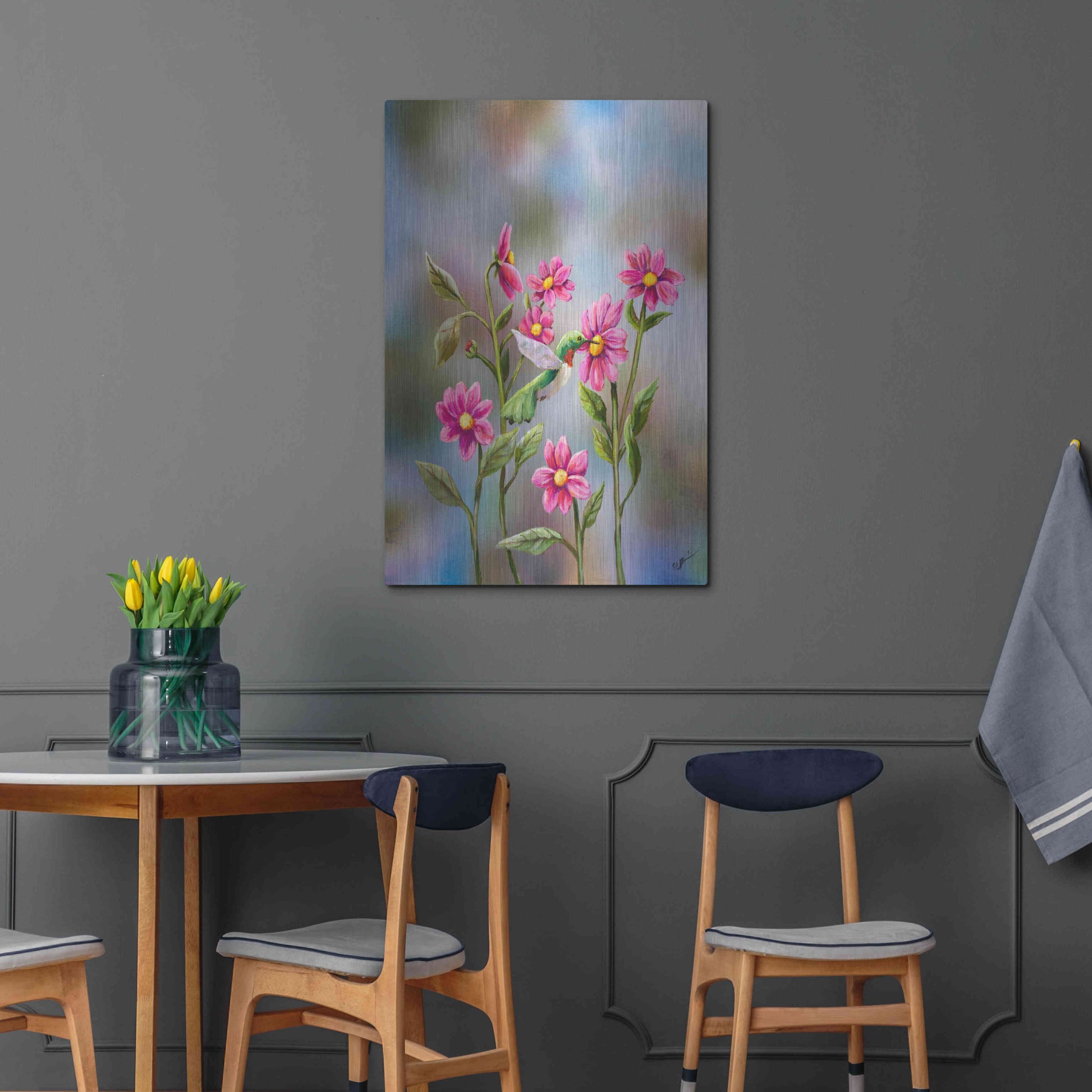 Luxe Metal Art 'Hummingbird with Dhalia' by Sarah Davis, Metal Wall Art,24x36