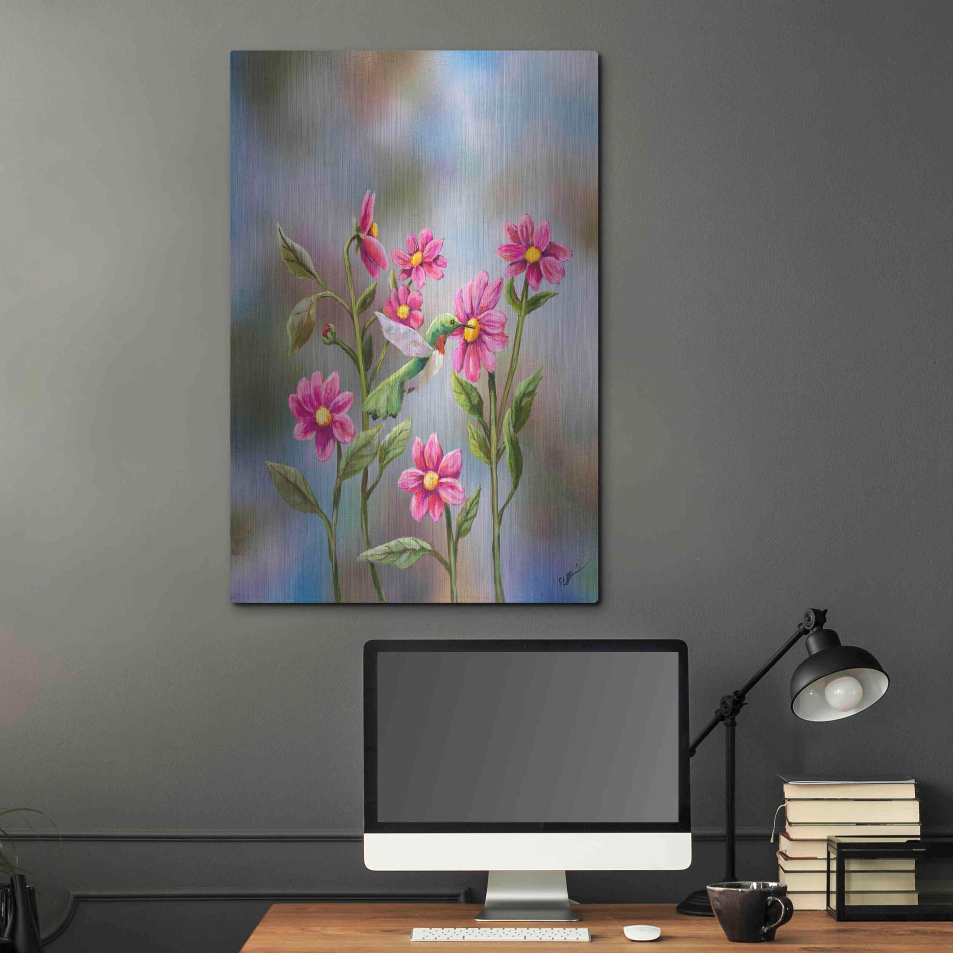 Luxe Metal Art 'Hummingbird with Dhalia' by Sarah Davis, Metal Wall Art,24x36