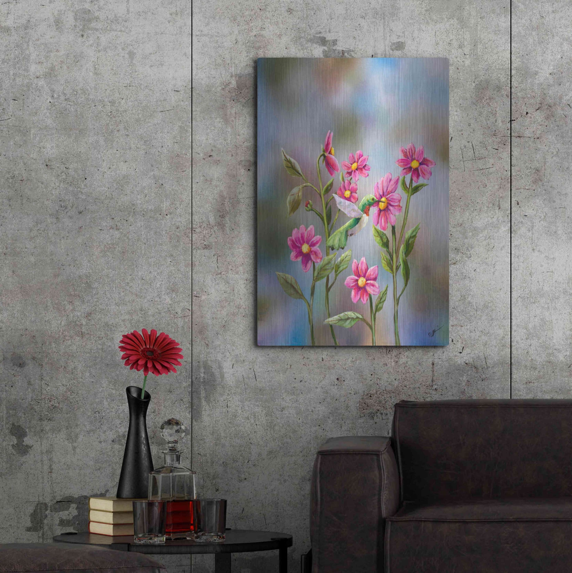 Luxe Metal Art 'Hummingbird with Dhalia' by Sarah Davis, Metal Wall Art,24x36