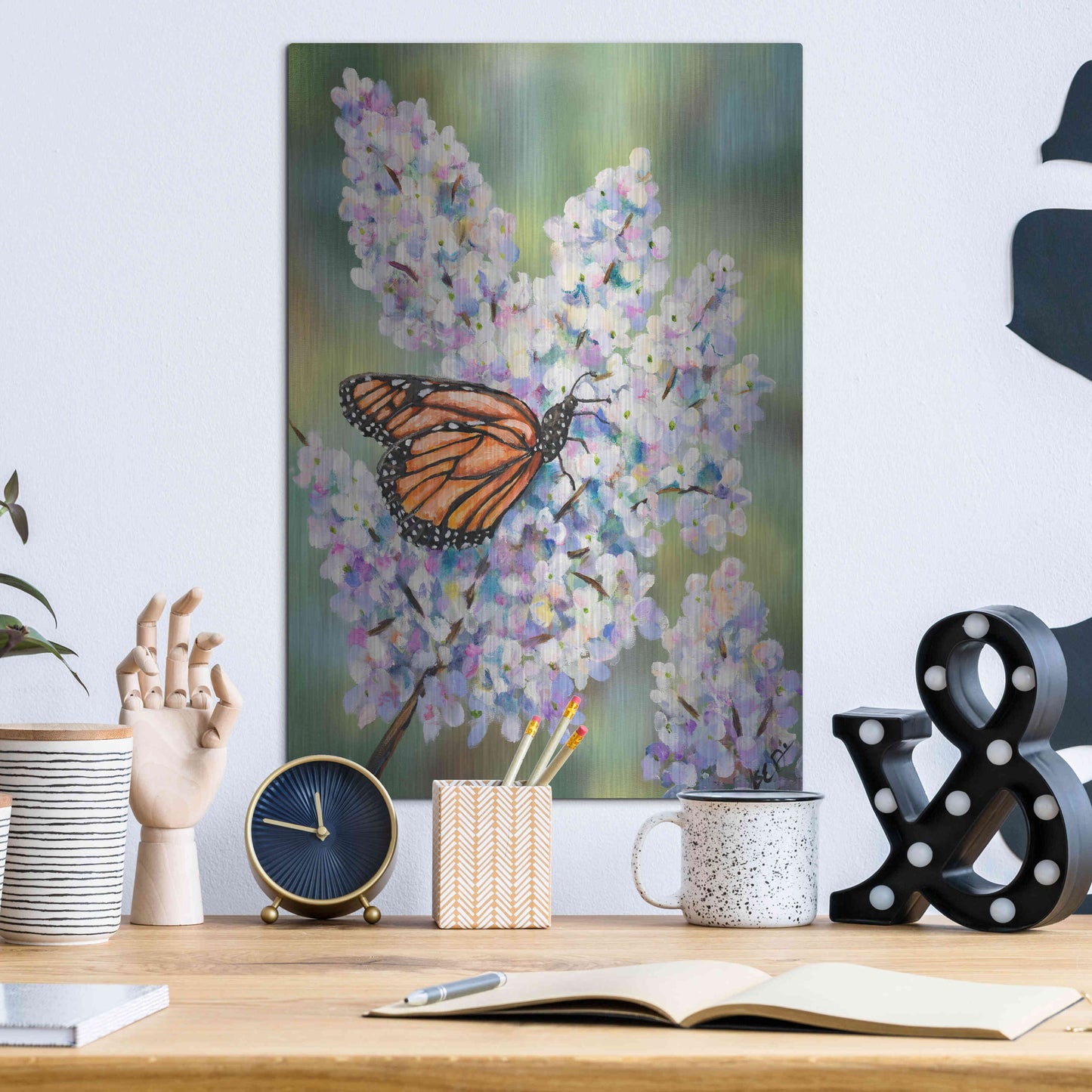 Luxe Metal Art 'Butterfly with Hydrangea' by Sarah Davis, Metal Wall Art,12x16