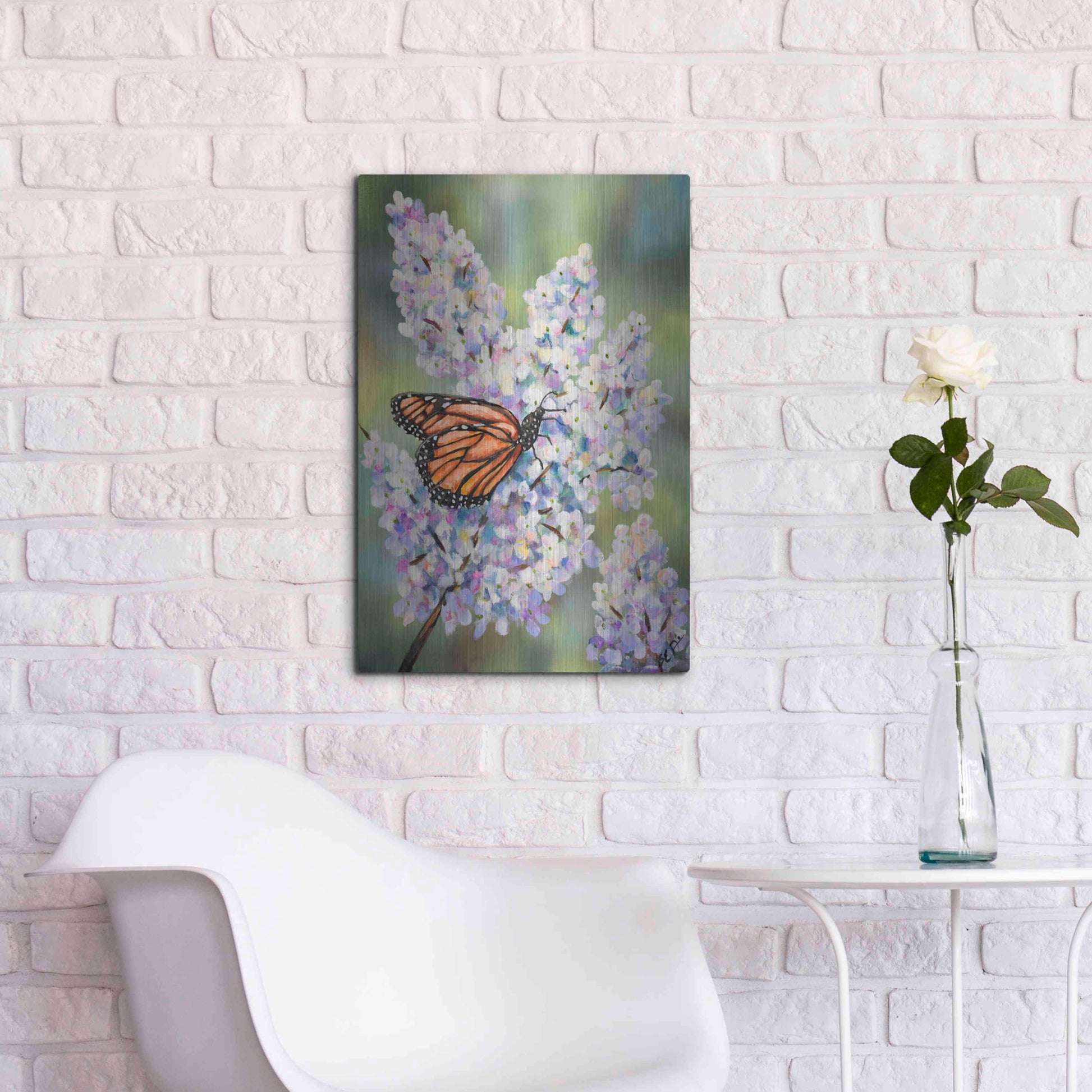 Luxe Metal Art 'Butterfly with Hydrangea' by Sarah Davis, Metal Wall Art,16x24