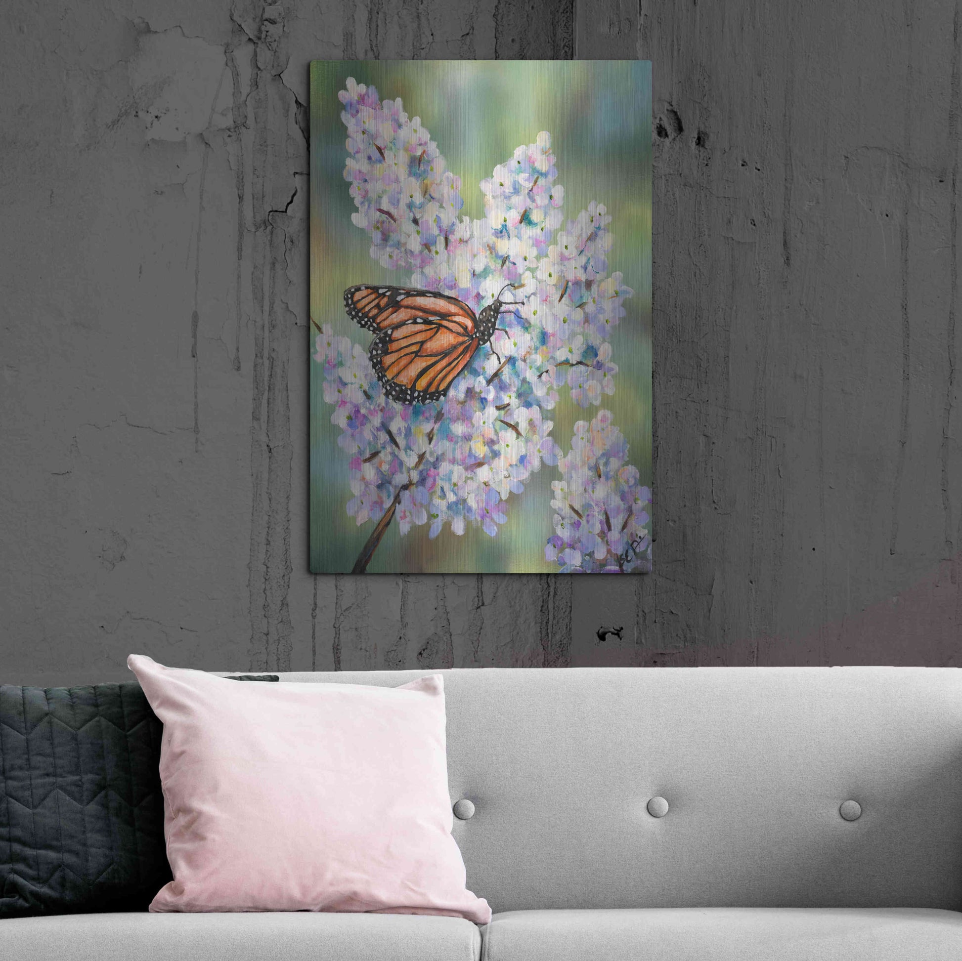 Luxe Metal Art 'Butterfly with Hydrangea' by Sarah Davis, Metal Wall Art,24x36