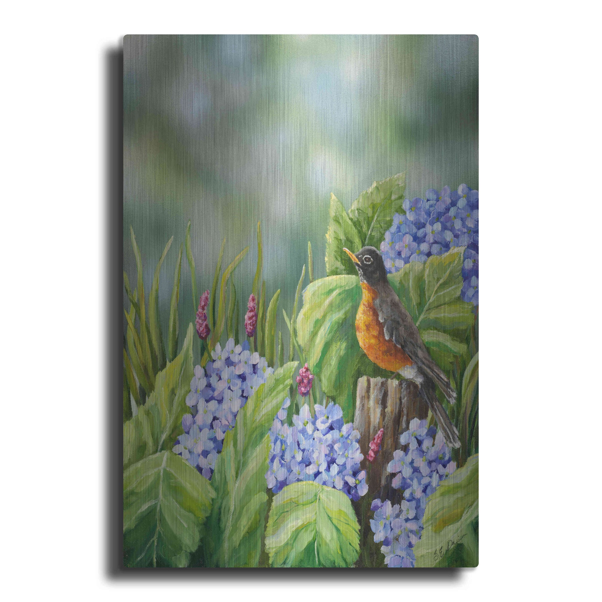 Luxe Metal Art 'Robin With Hydrangeas' by Sarah Davis, Metal Wall Art