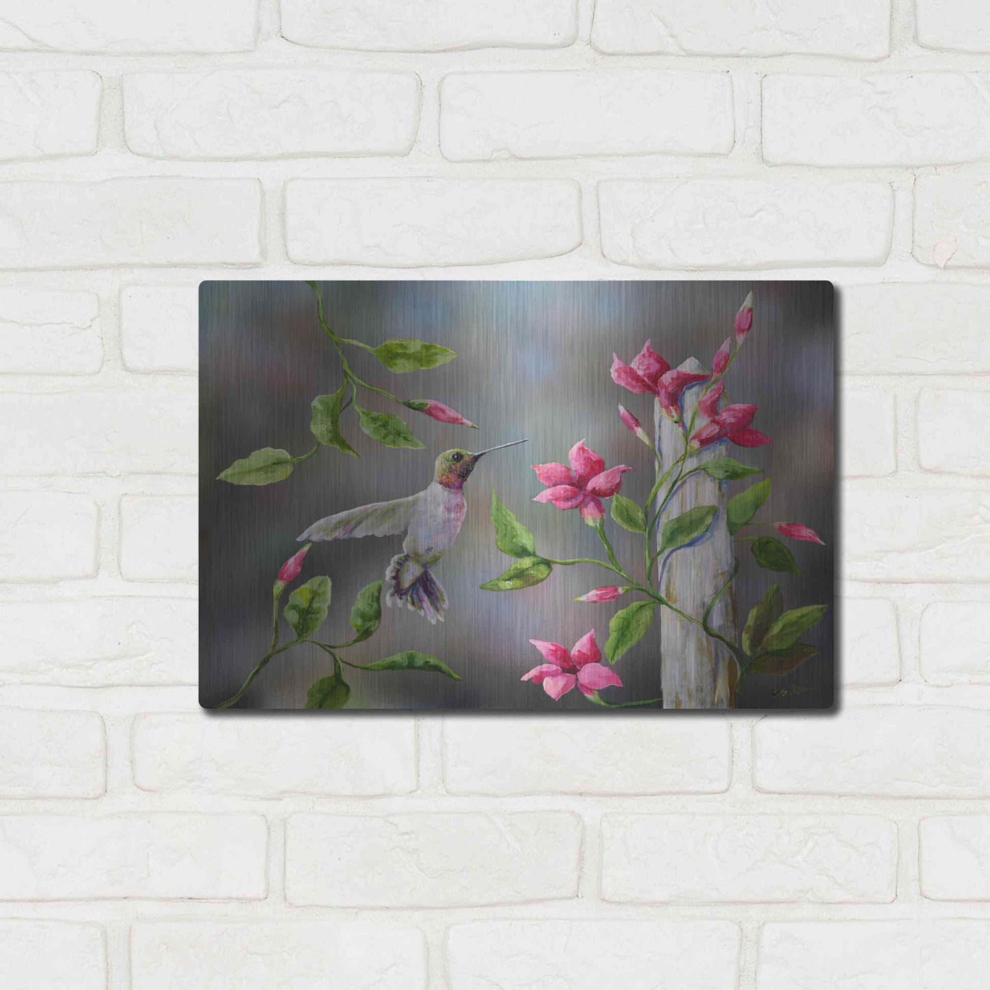 Luxe Metal Art 'Hummingbird with Flowers' by Sarah Davis, Metal Wall Art,16x12