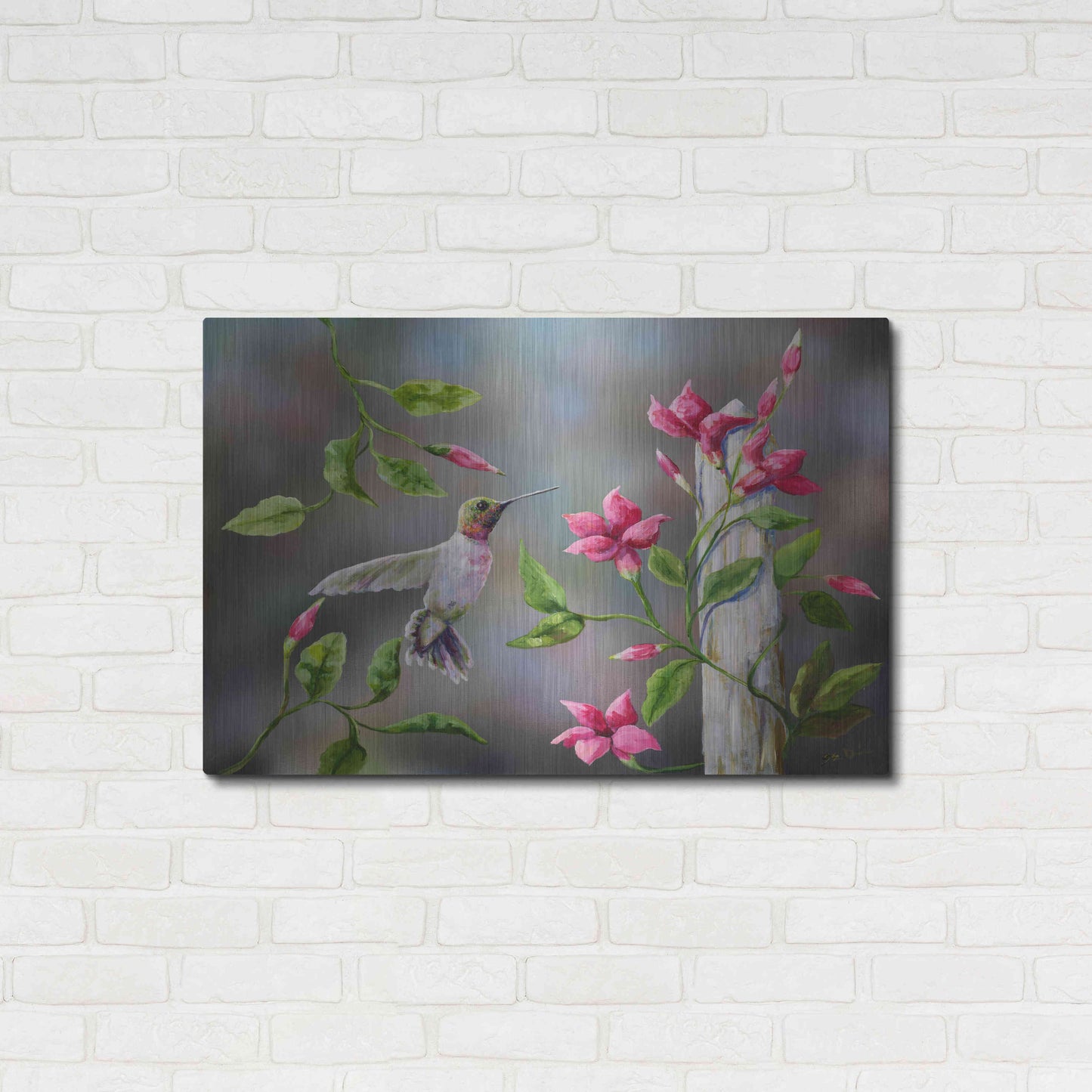 Luxe Metal Art 'Hummingbird with Flowers' by Sarah Davis, Metal Wall Art,36x24