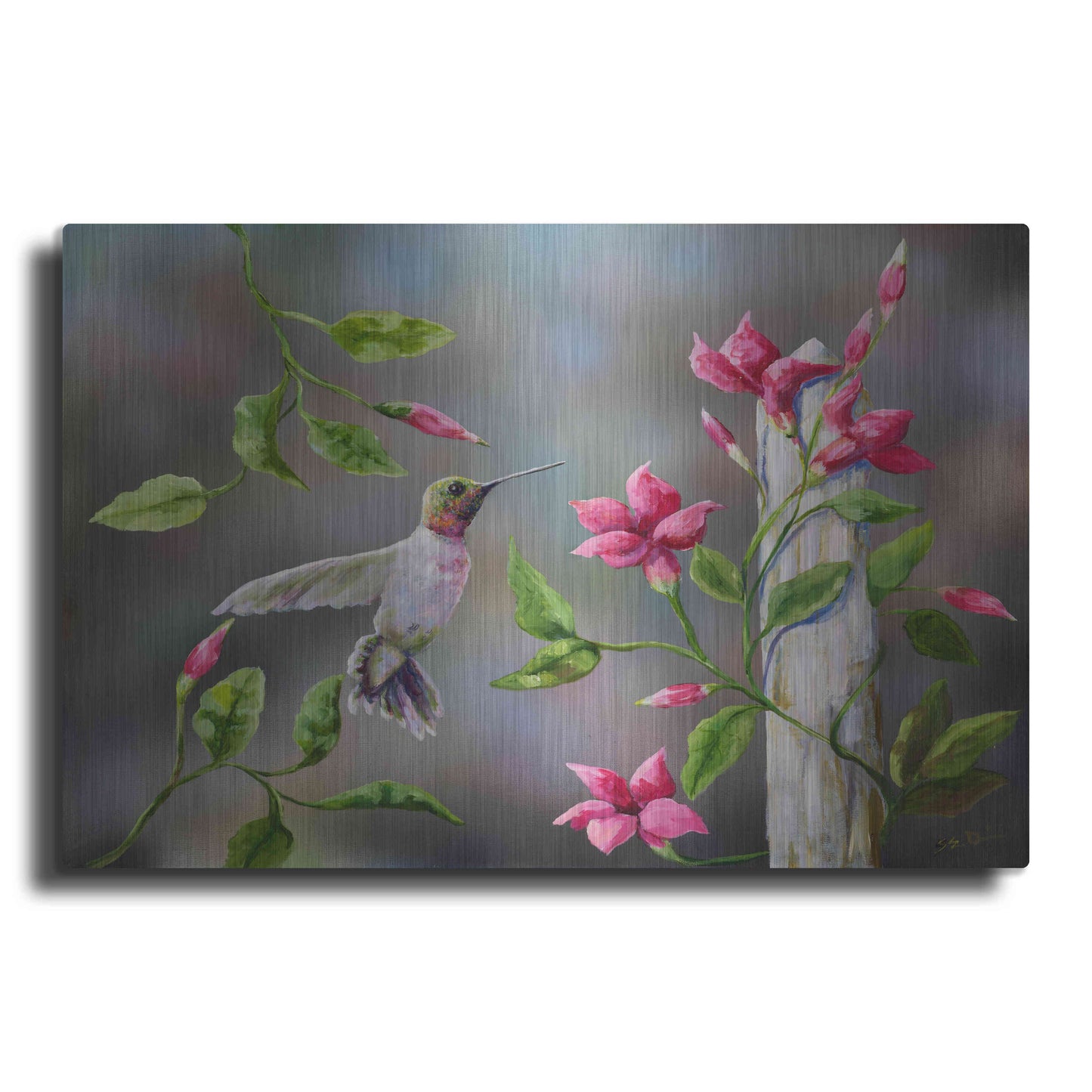 Luxe Metal Art 'Hummingbird with Flowers' by Sarah Davis, Metal Wall Art