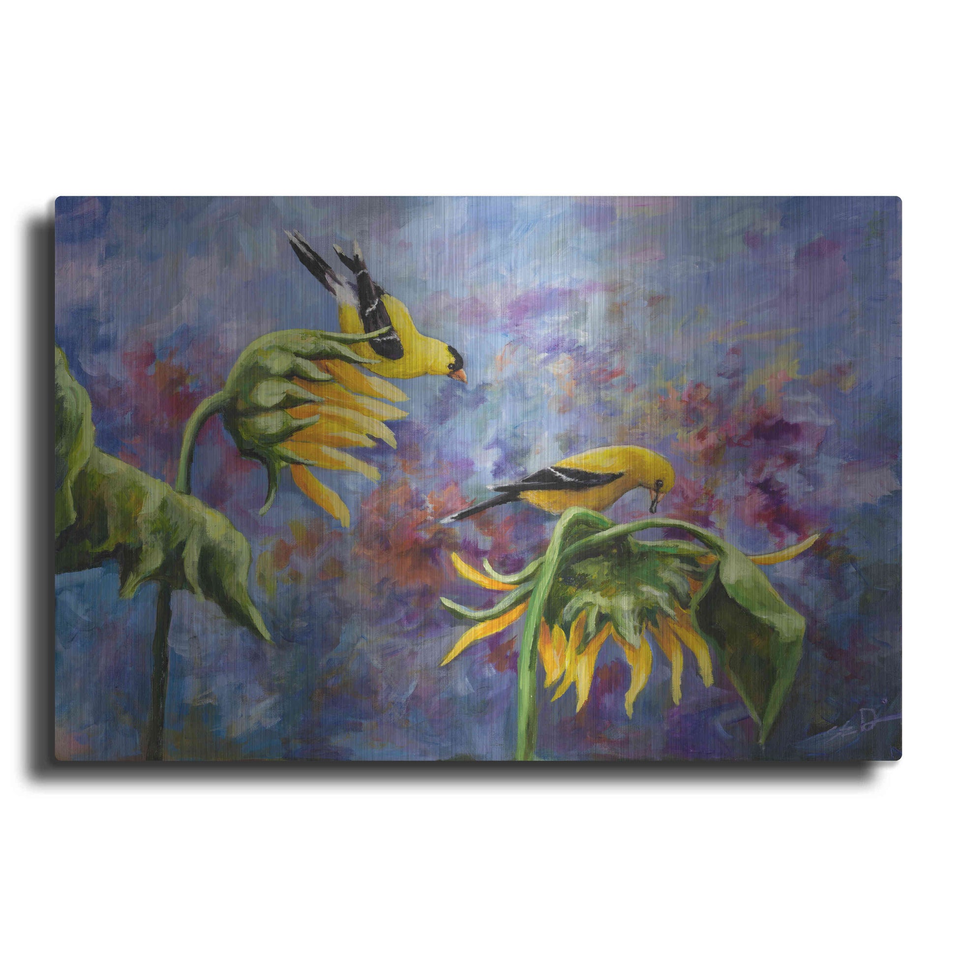 Luxe Metal Art 'Finches with Sunflowers' by Sarah Davis, Metal Wall Art