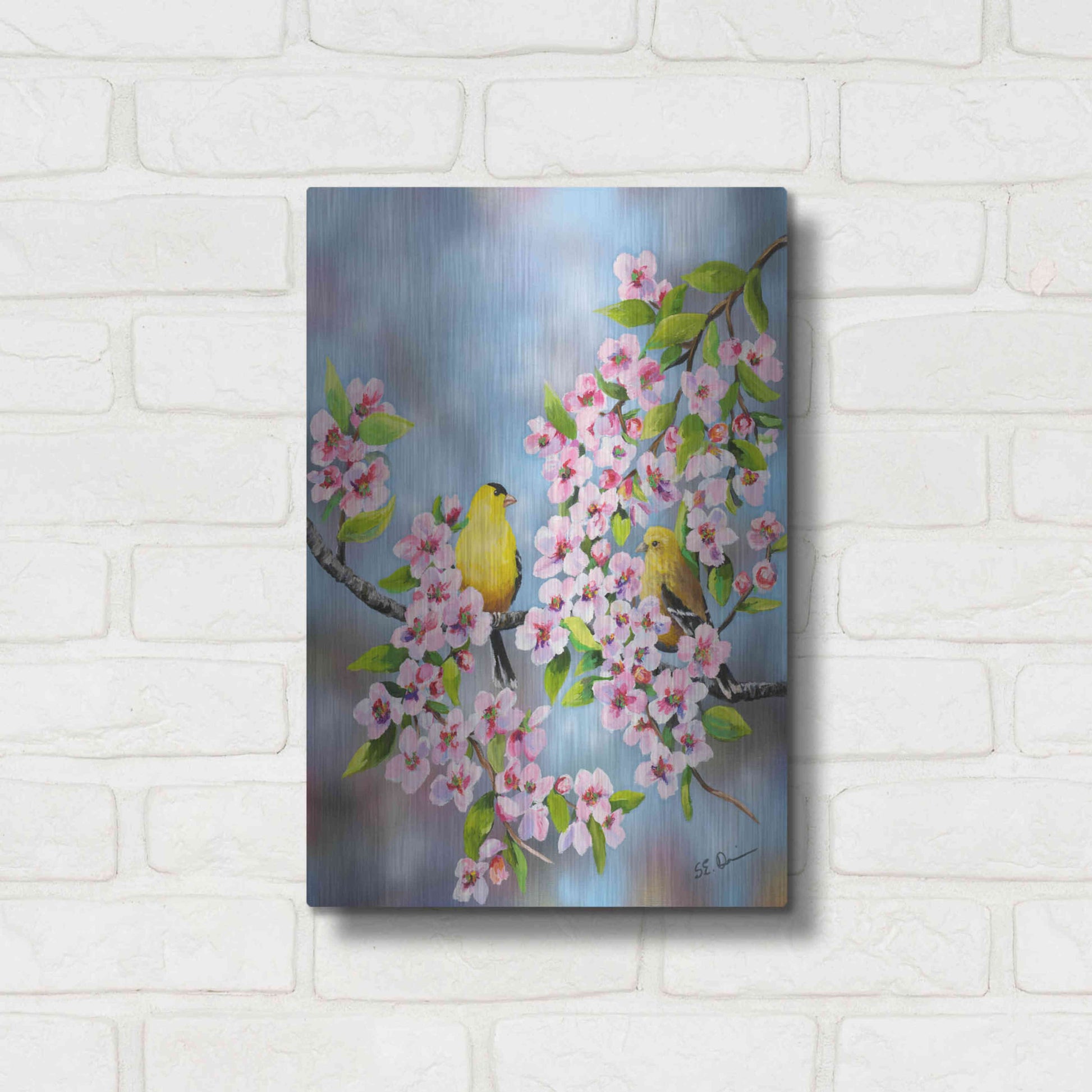 Luxe Metal Art 'Finches In Cherry Tree' by Sarah Davis, Metal Wall Art,12x16