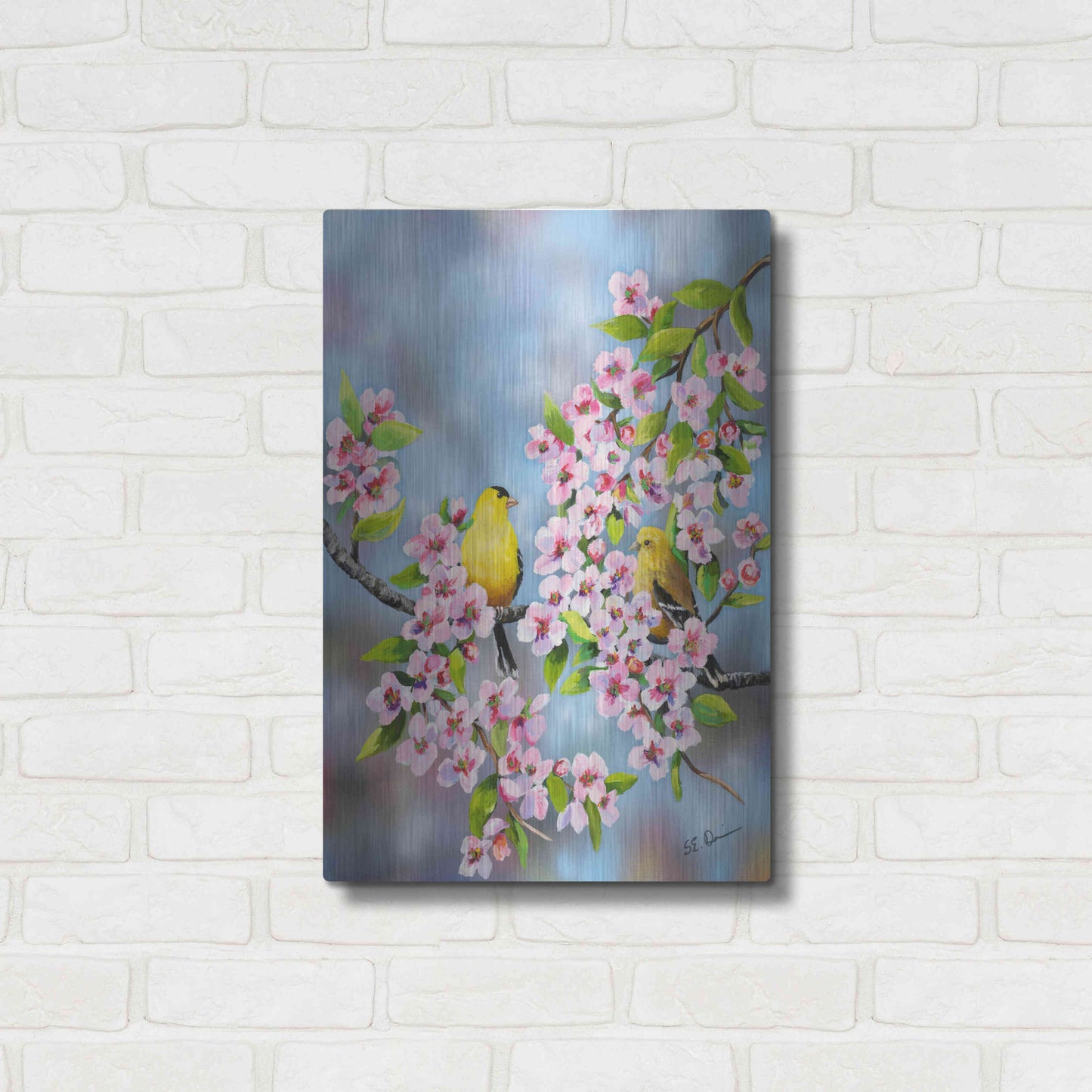 Luxe Metal Art 'Finches In Cherry Tree' by Sarah Davis, Metal Wall Art,16x24