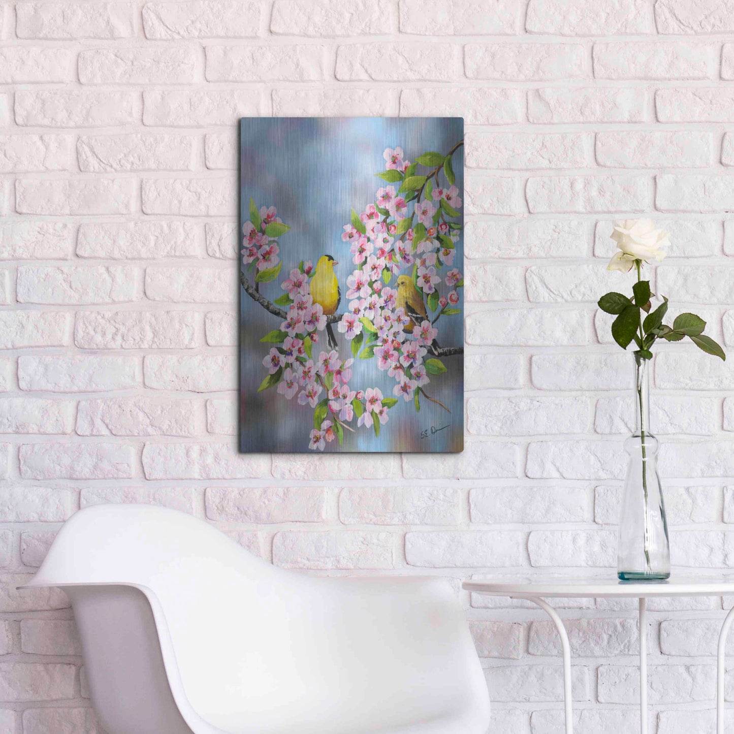 Luxe Metal Art 'Finches In Cherry Tree' by Sarah Davis, Metal Wall Art,16x24