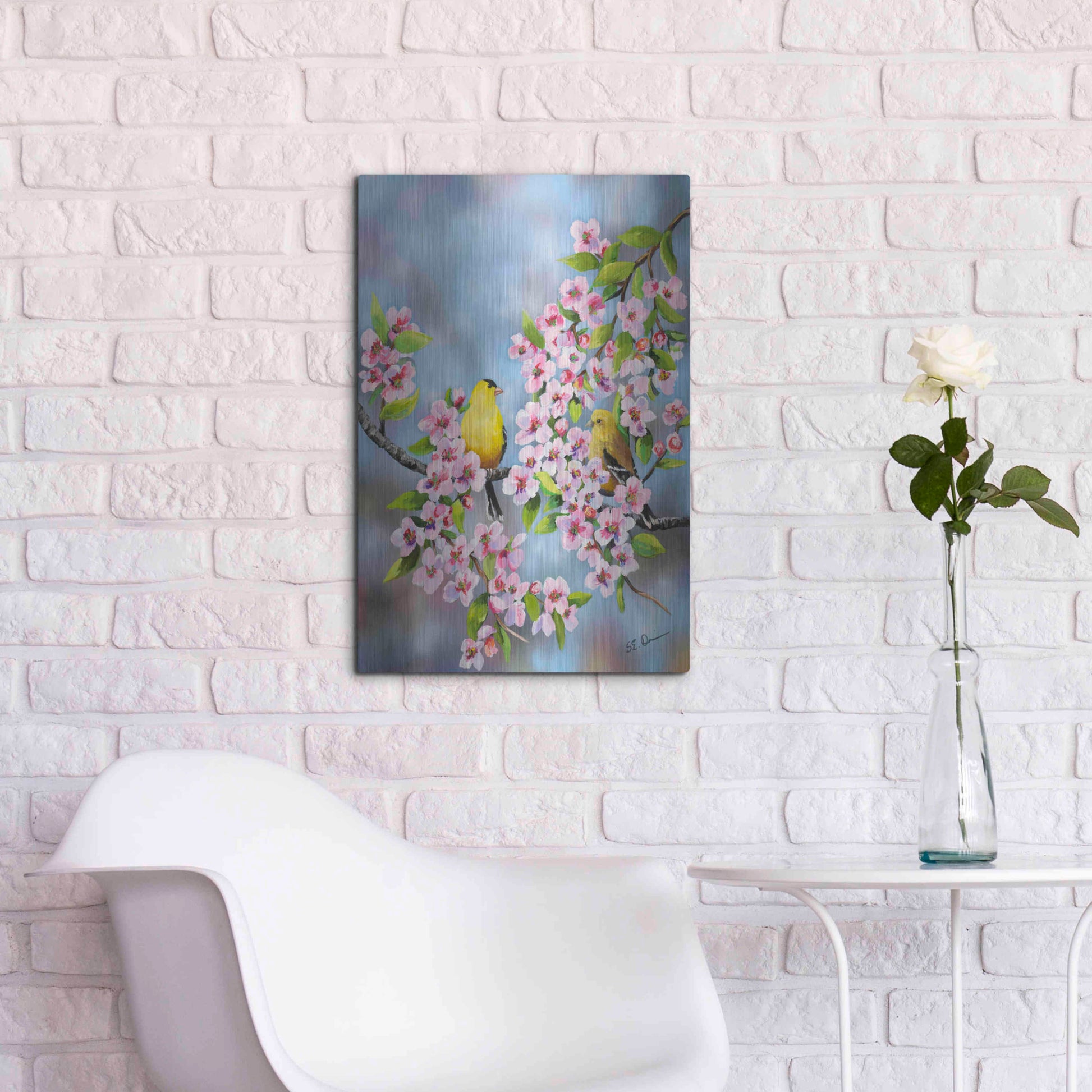 Luxe Metal Art 'Finches In Cherry Tree' by Sarah Davis, Metal Wall Art,16x24