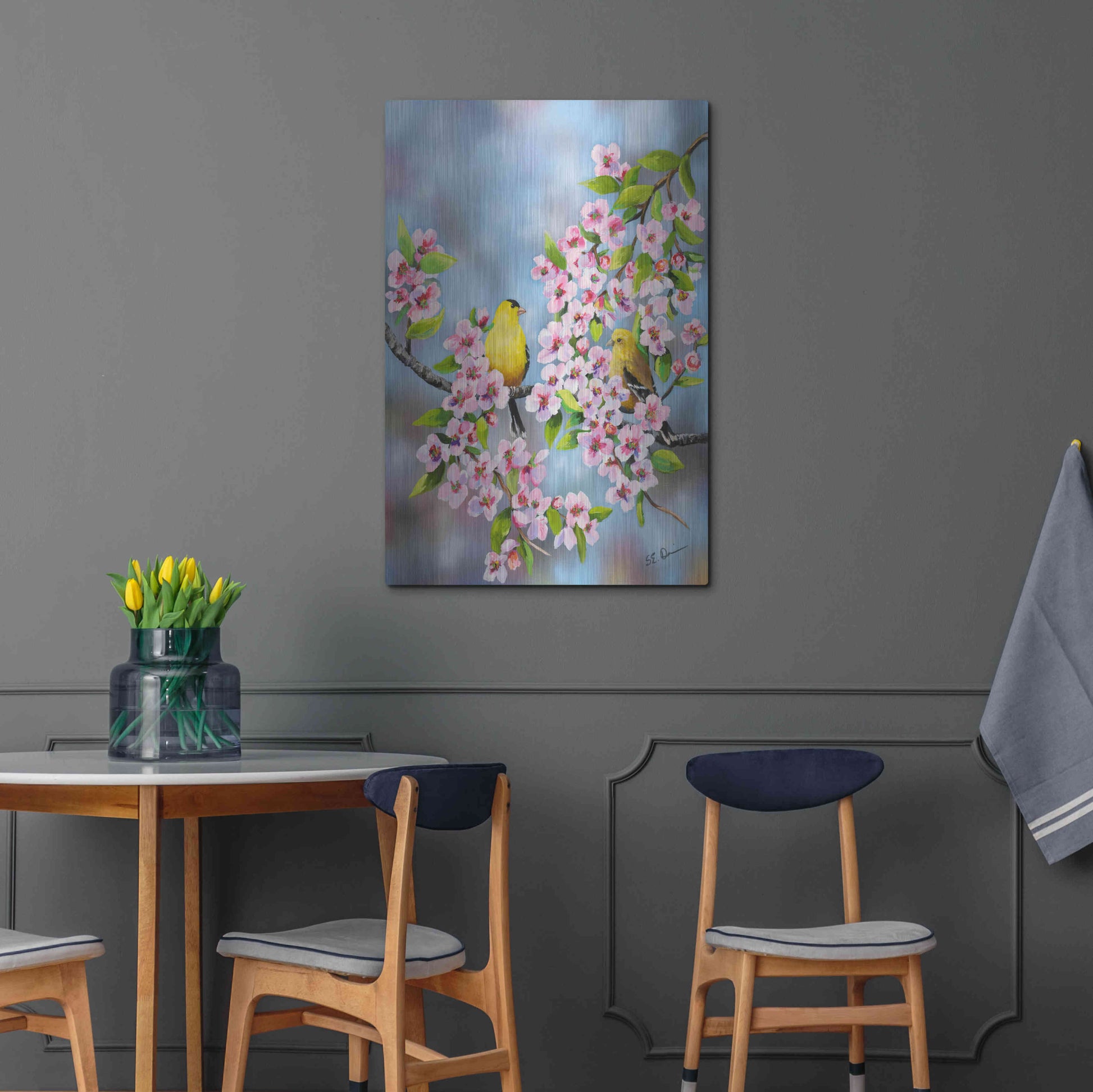 Luxe Metal Art 'Finches In Cherry Tree' by Sarah Davis, Metal Wall Art,24x36